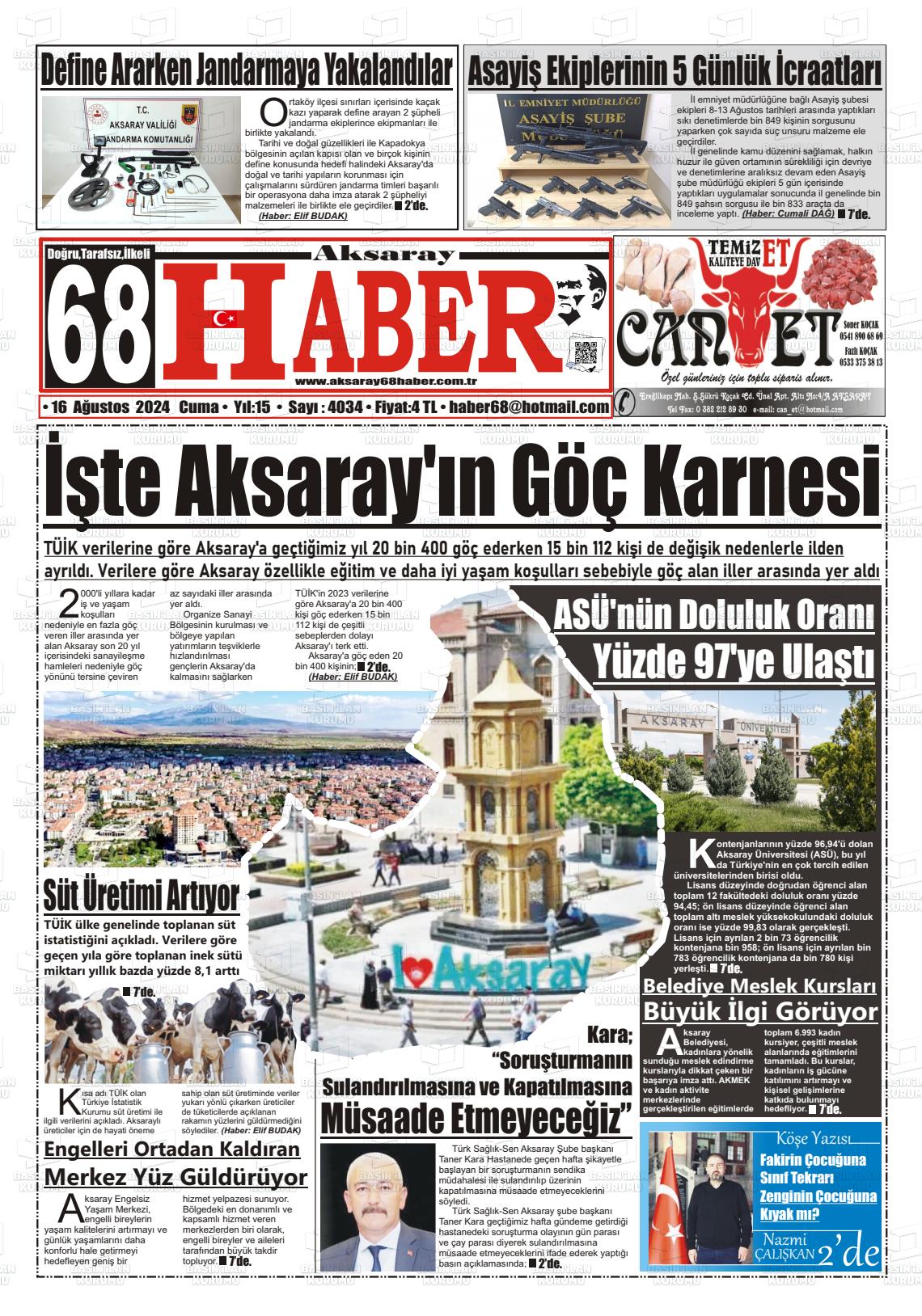 16 Ağustos 2024 Aksaray 68 Haber Gazete Manşeti