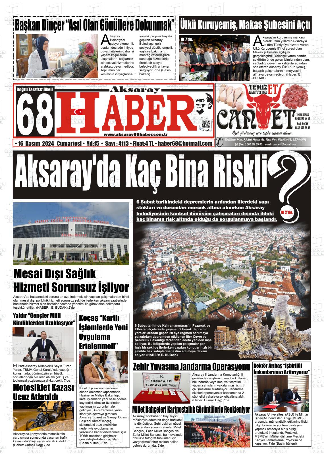 16 Kasım 2024 Aksaray 68 Haber Gazete Manşeti