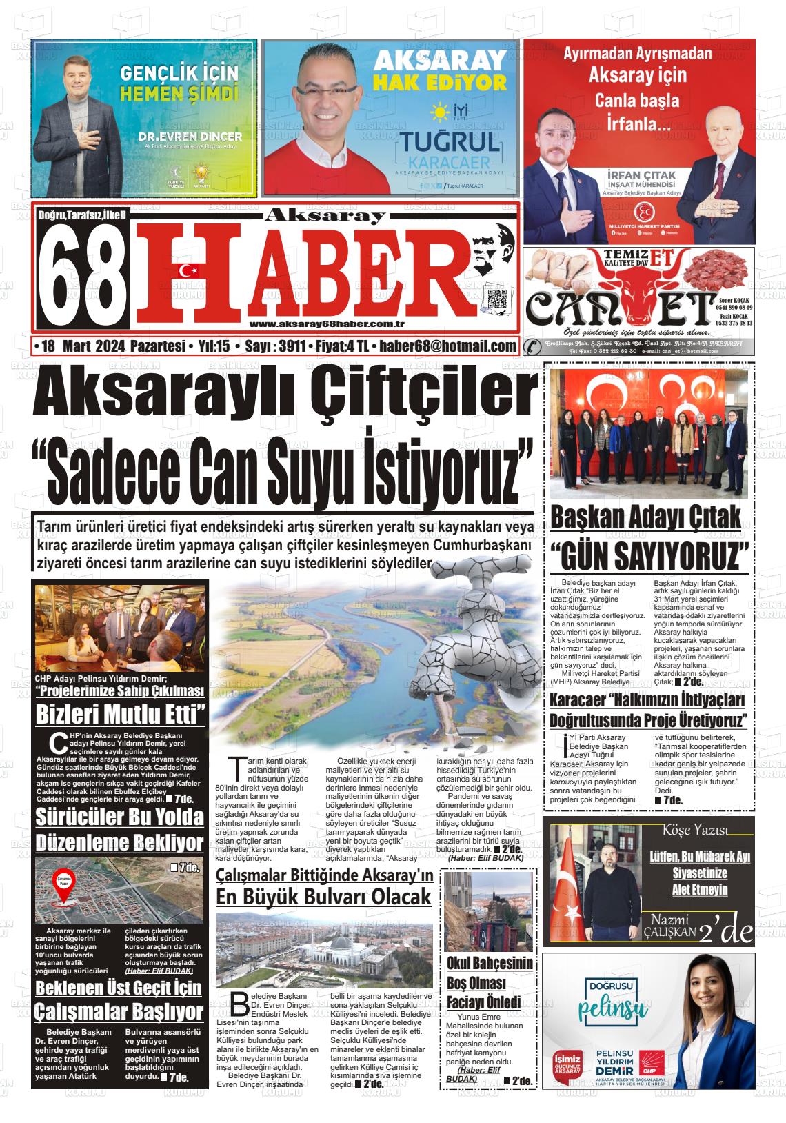 18 Mart 2024 Aksaray 68 Haber Gazete Manşeti