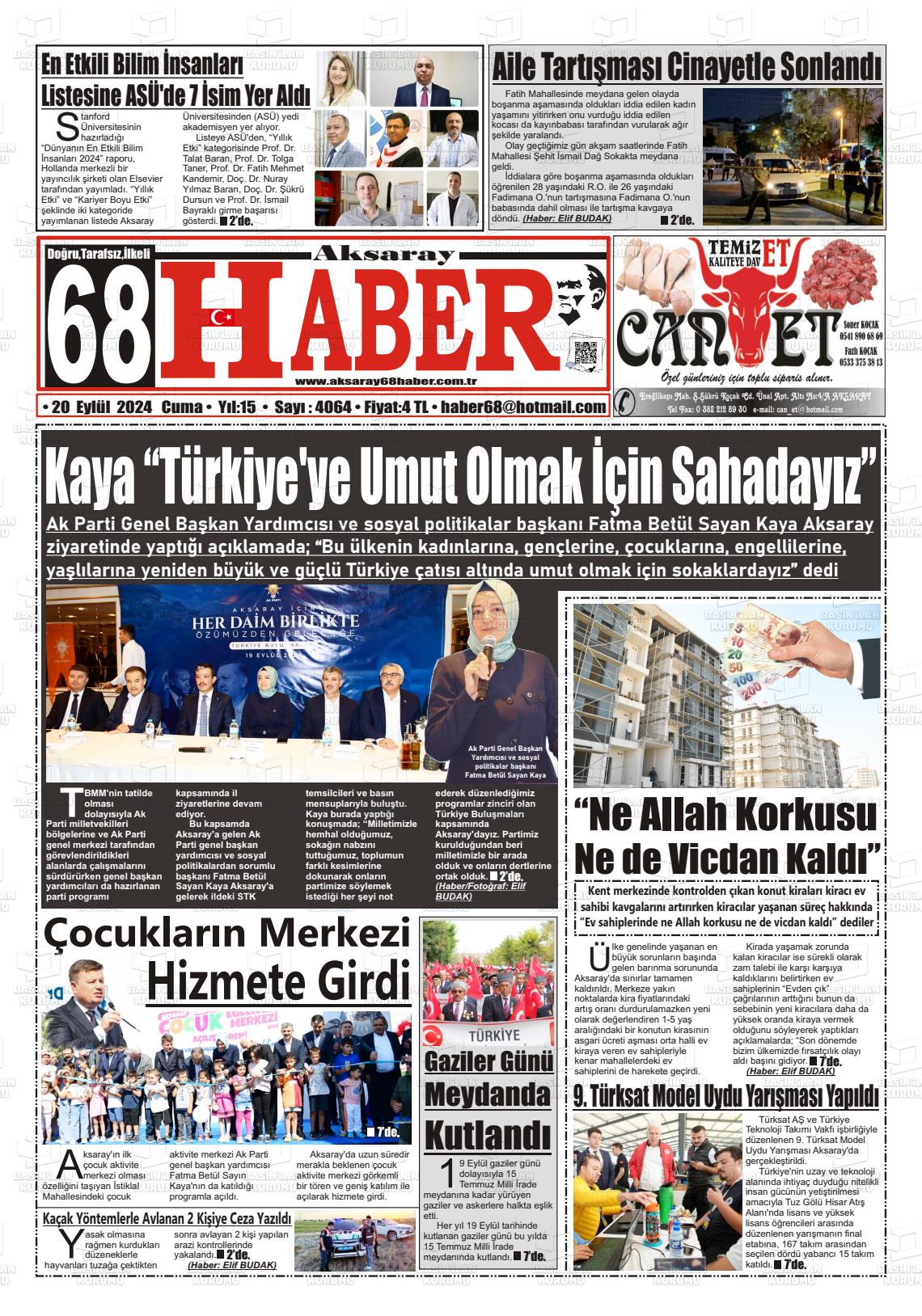 20 Eylül 2024 Aksaray 68 Haber Gazete Manşeti