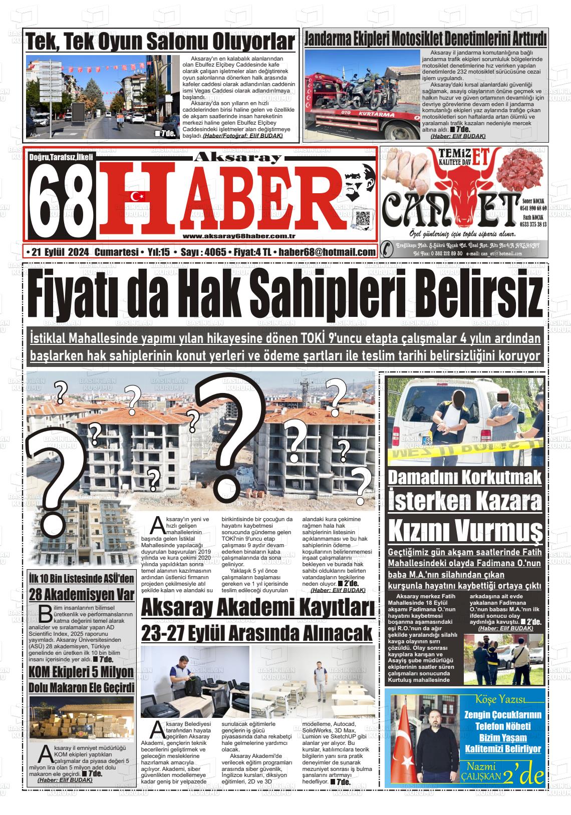 21 Eylül 2024 Aksaray 68 Haber Gazete Manşeti