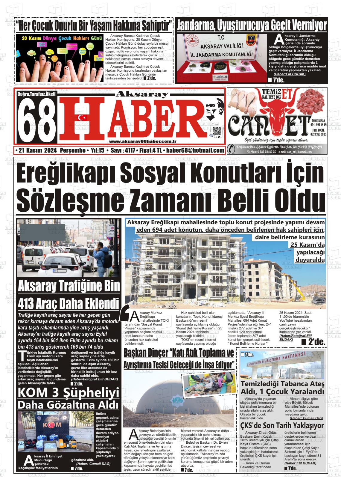 21 Kasım 2024 Aksaray 68 Haber Gazete Manşeti