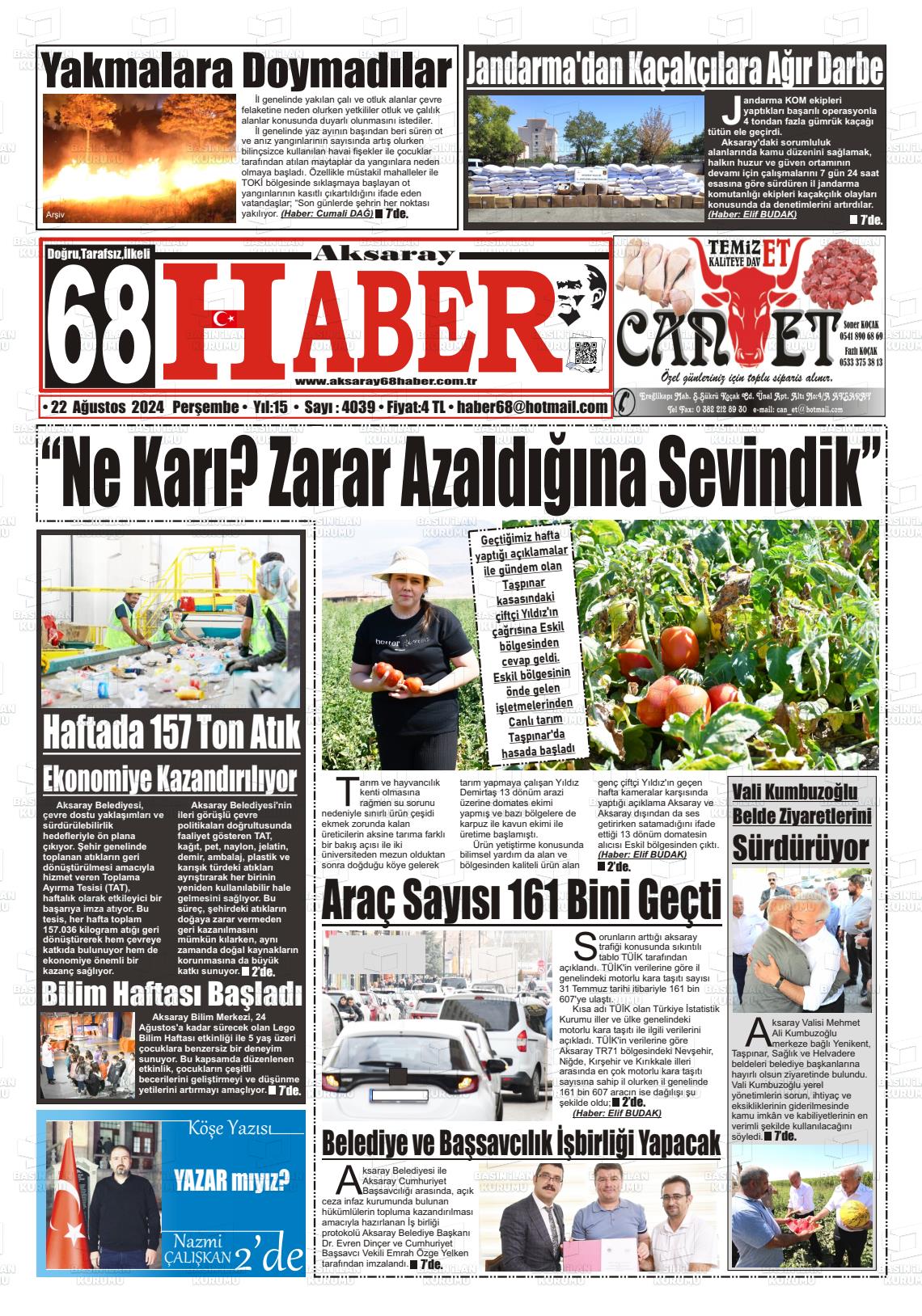 22 Ağustos 2024 Aksaray 68 Haber Gazete Manşeti