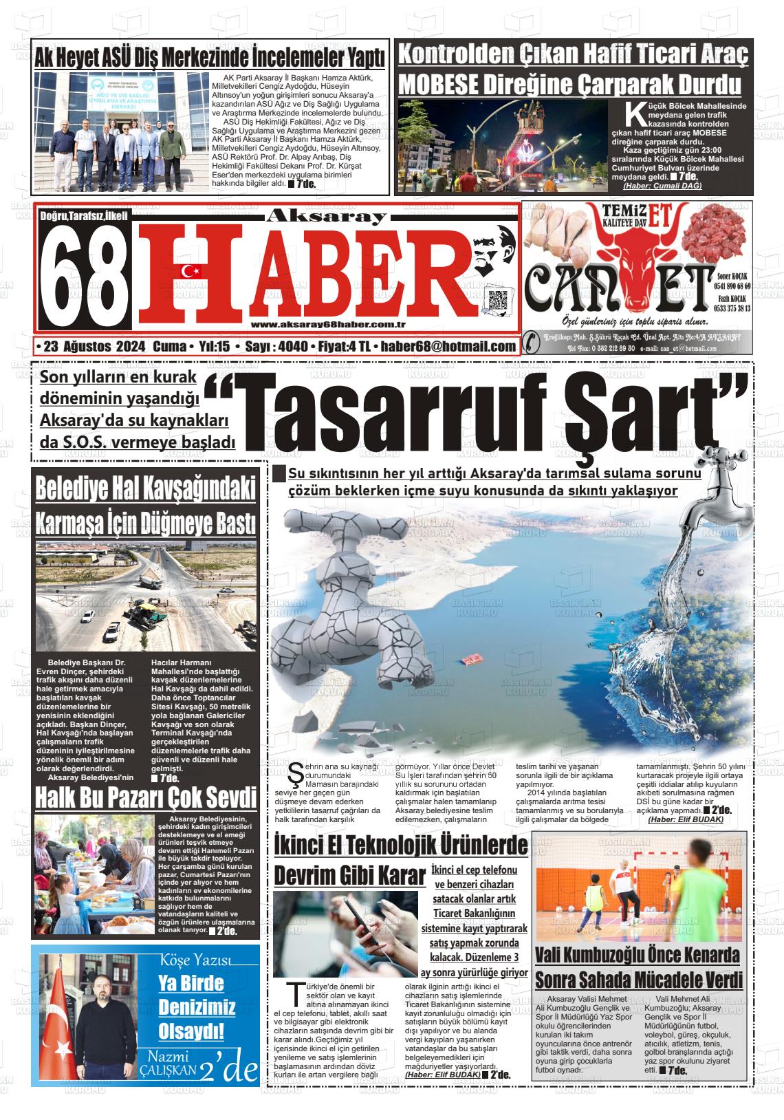 23 Ağustos 2024 Aksaray 68 Haber Gazete Manşeti