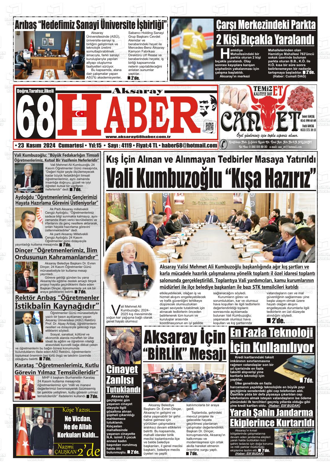 23 Kasım 2024 Aksaray 68 Haber Gazete Manşeti