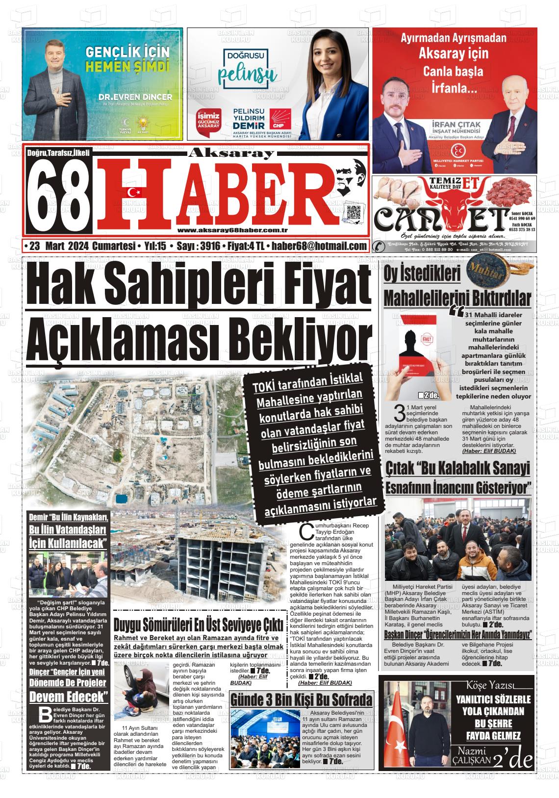 23 Mart 2024 Aksaray 68 Haber Gazete Manşeti