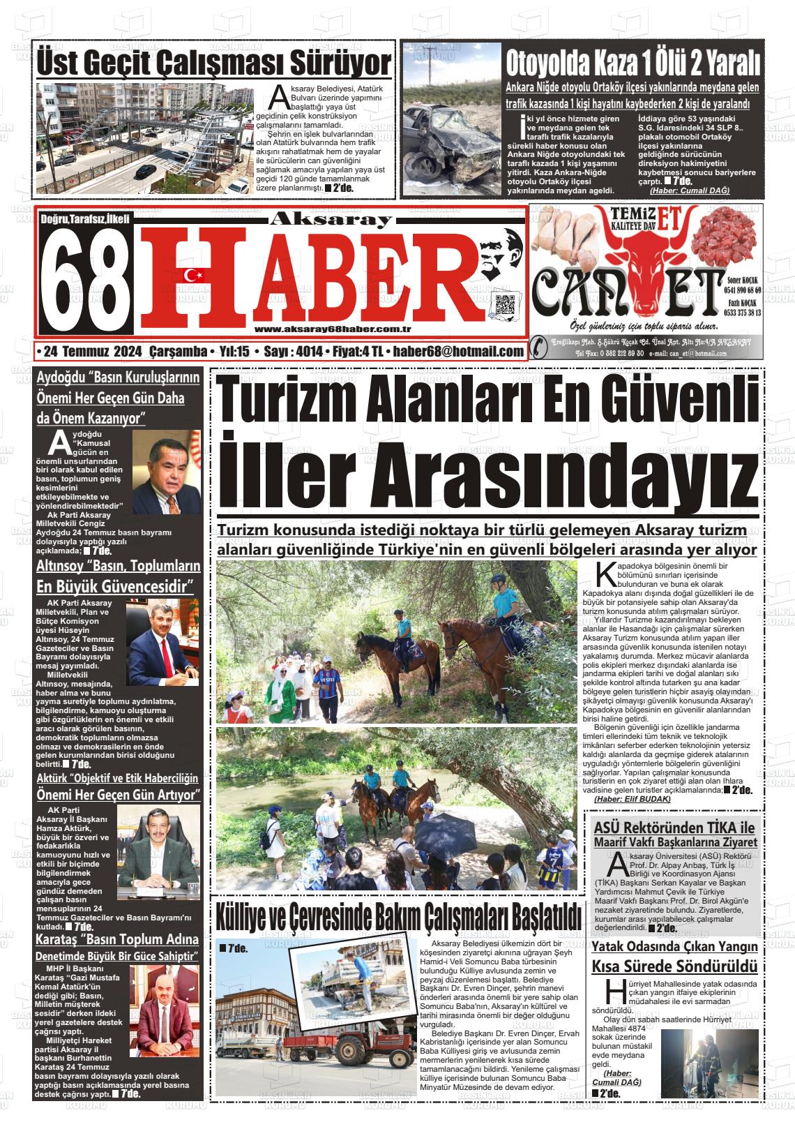 24 Temmuz 2024 Aksaray 68 Haber Gazete Manşeti