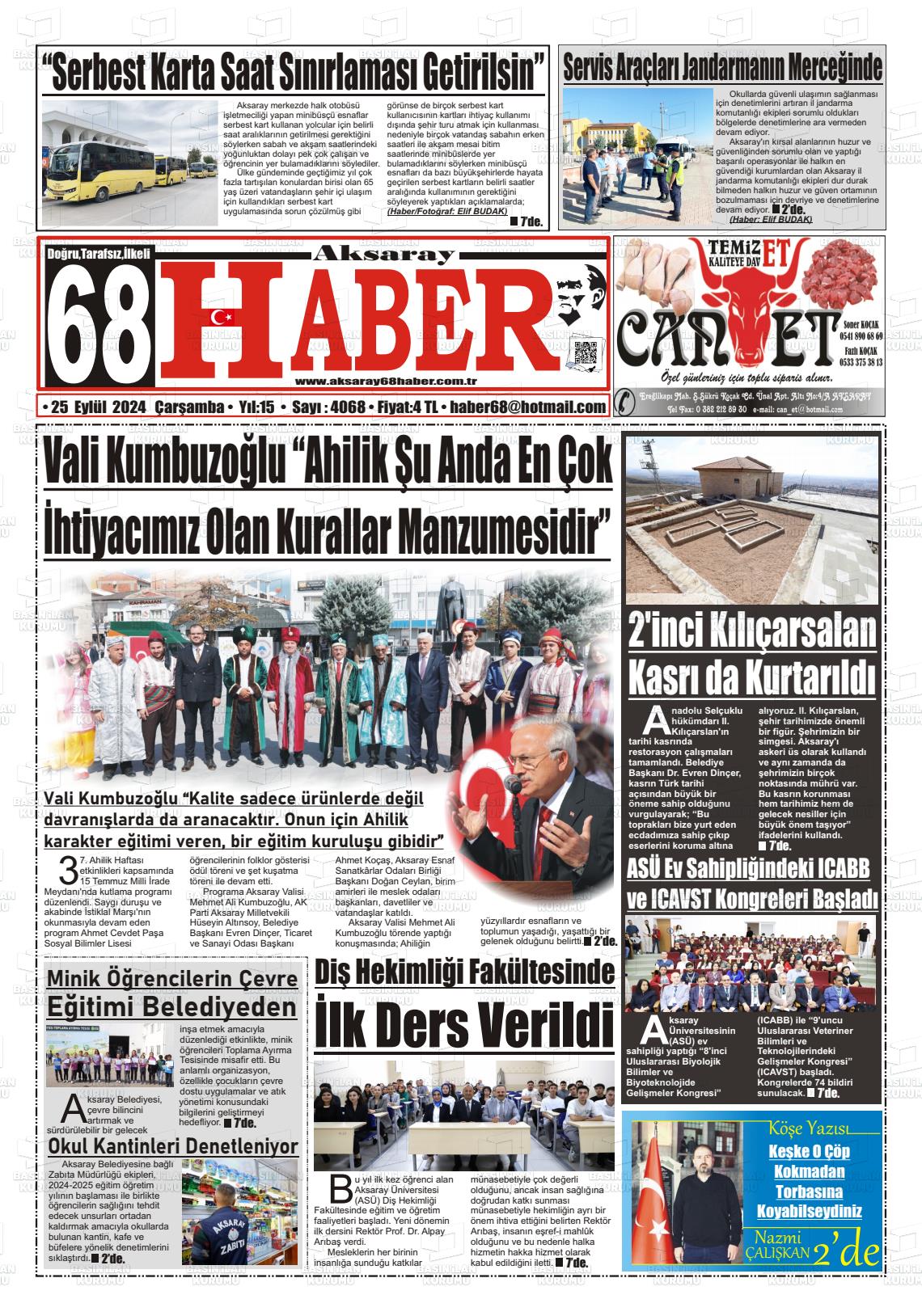 25 Eylül 2024 Aksaray 68 Haber Gazete Manşeti