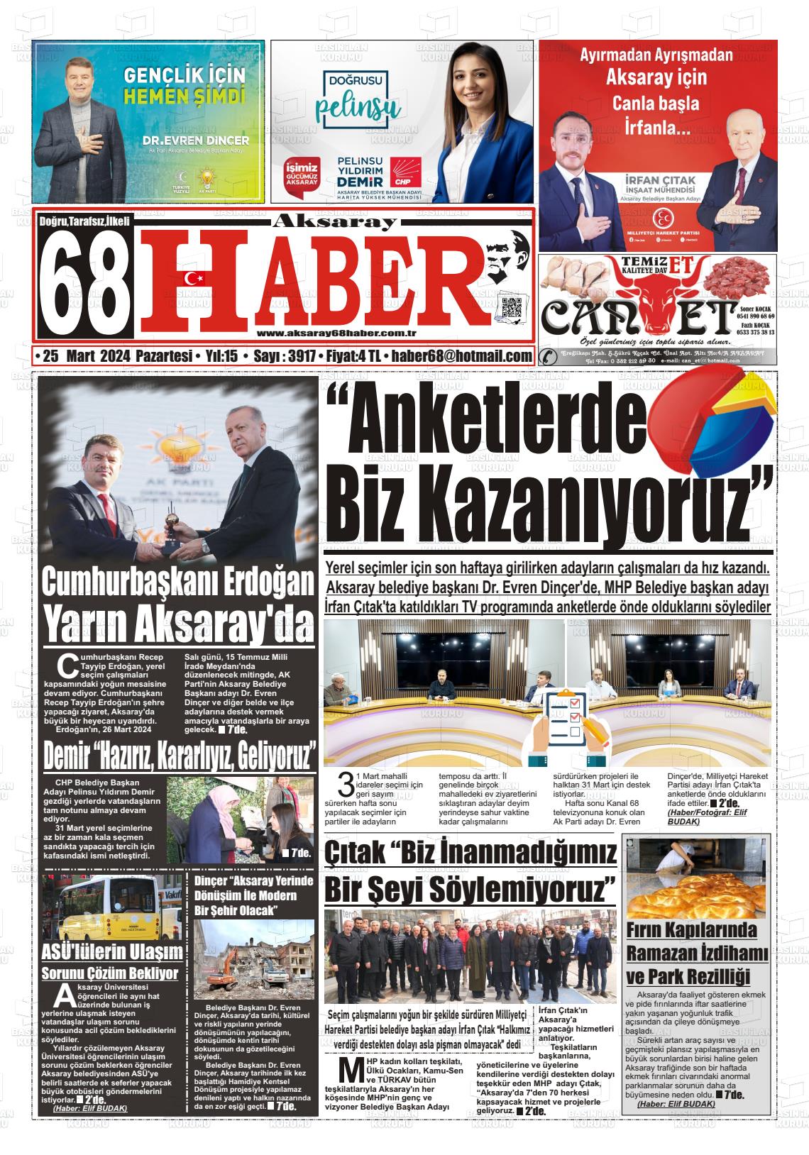 25 Mart 2024 Aksaray 68 Haber Gazete Manşeti