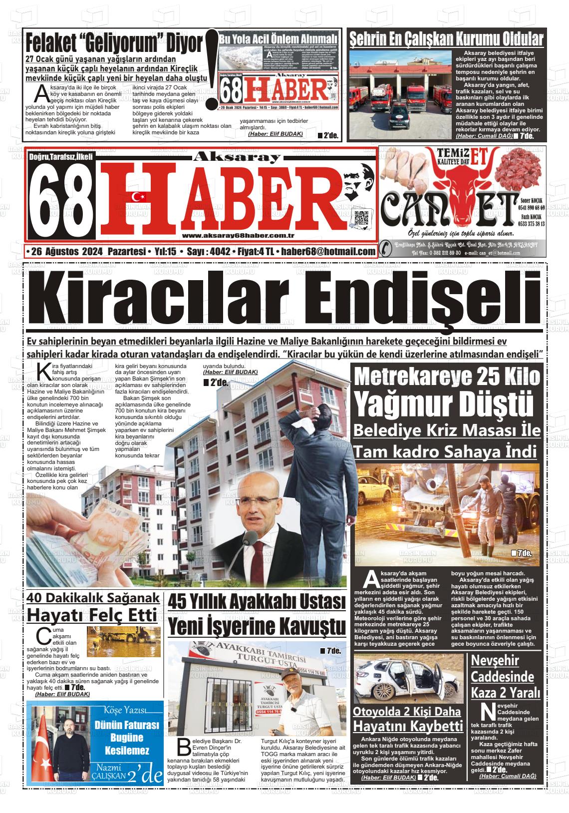 26 Ağustos 2024 Aksaray 68 Haber Gazete Manşeti