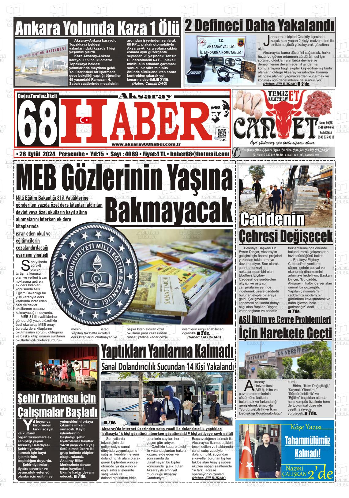 26 Eylül 2024 Aksaray 68 Haber Gazete Manşeti