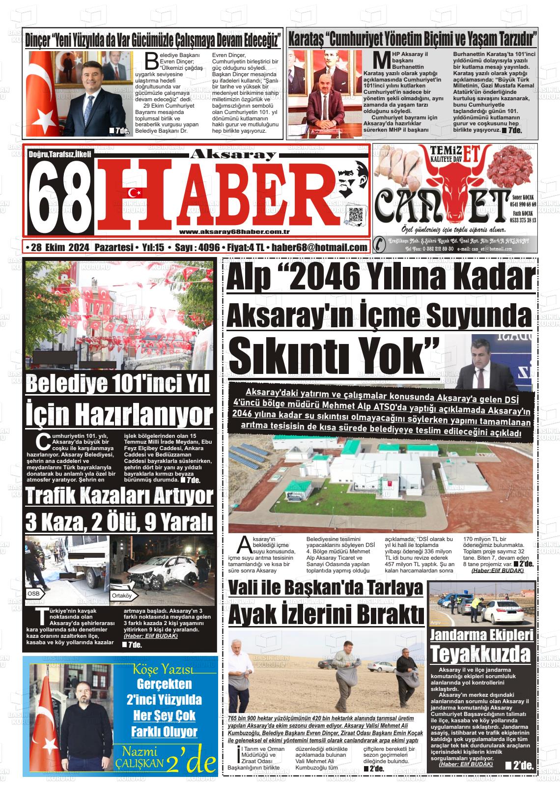 28 Ekim 2024 Aksaray 68 Haber Gazete Manşeti