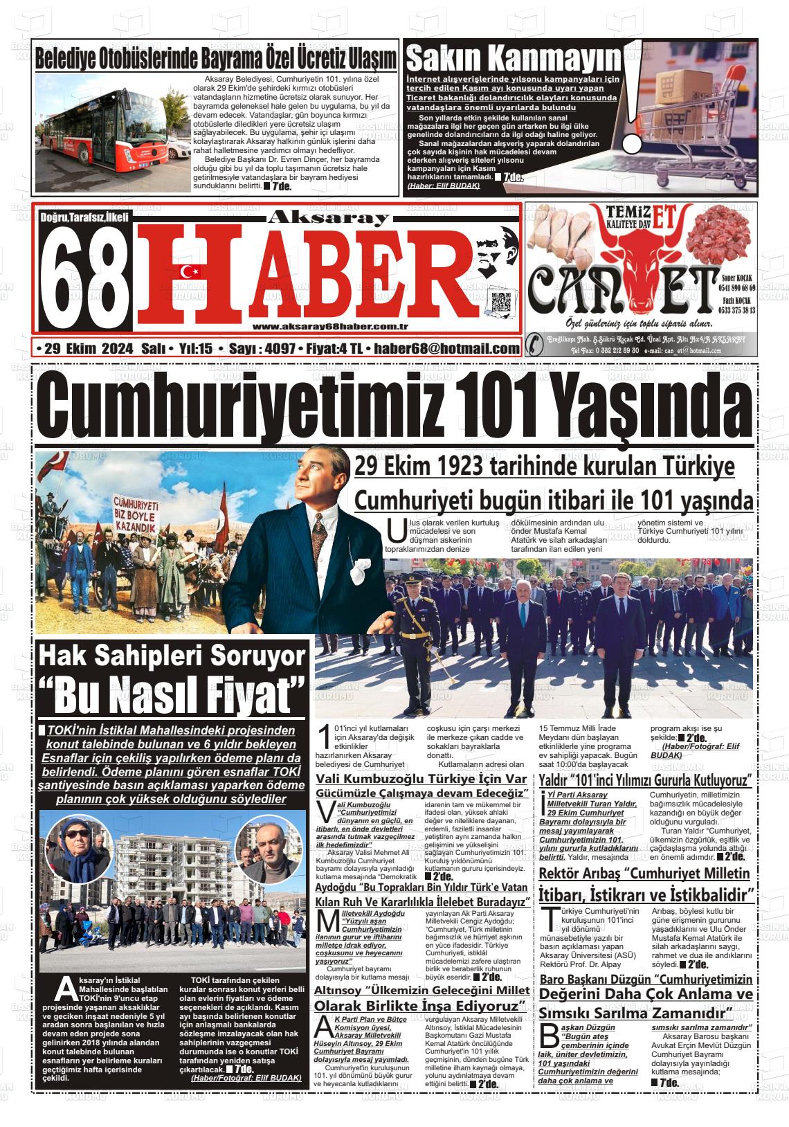 29 Ekim 2024 Aksaray 68 Haber Gazete Manşeti