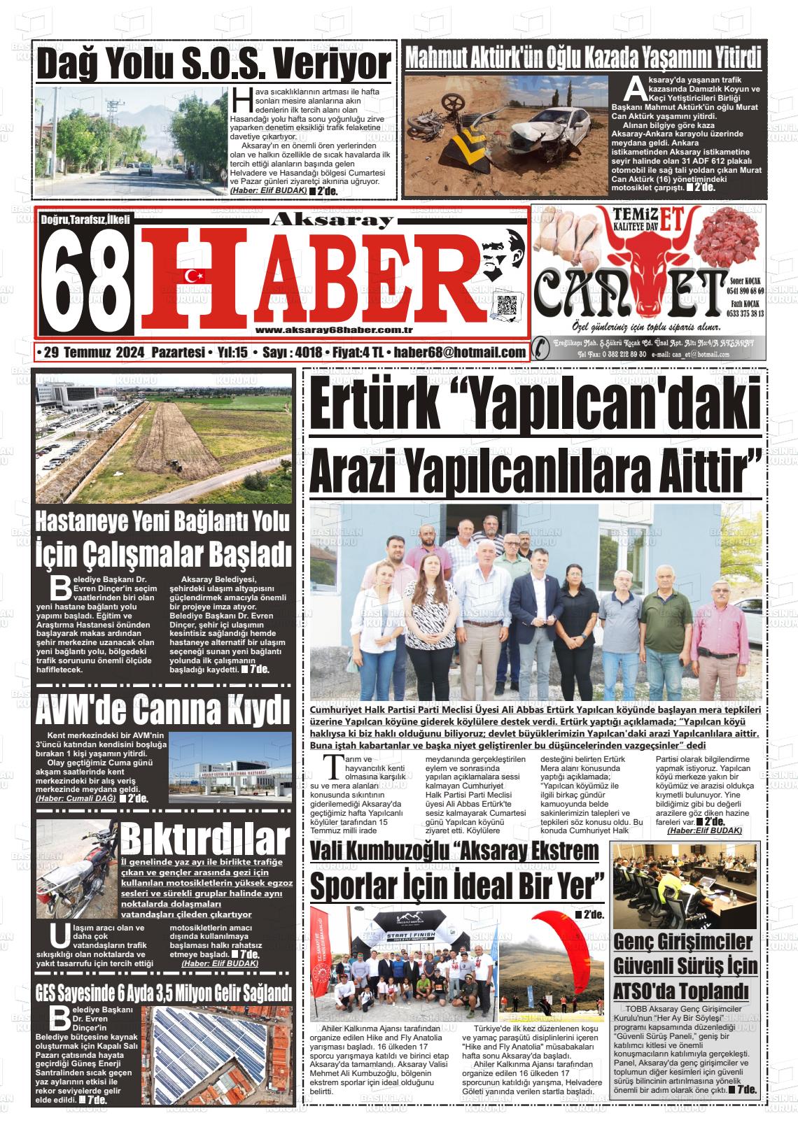 29 Temmuz 2024 Aksaray 68 Haber Gazete Manşeti