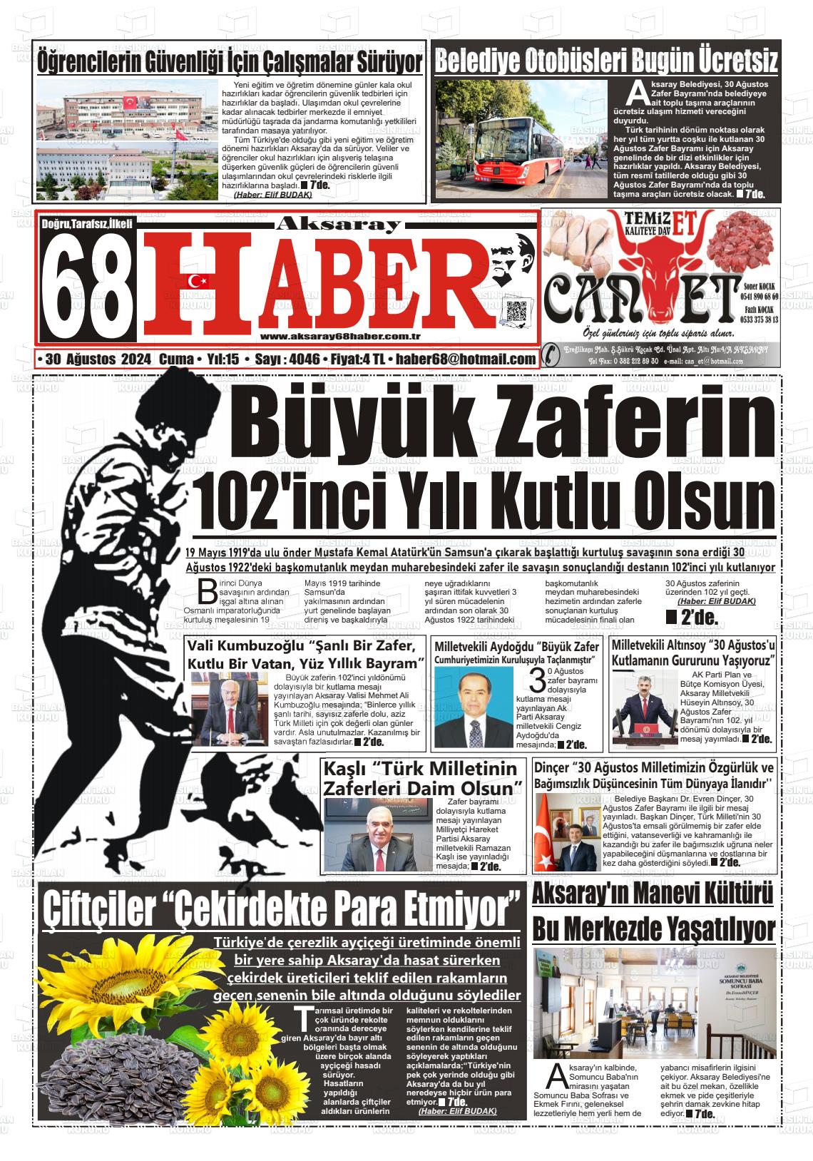 30 Ağustos 2024 Aksaray 68 Haber Gazete Manşeti