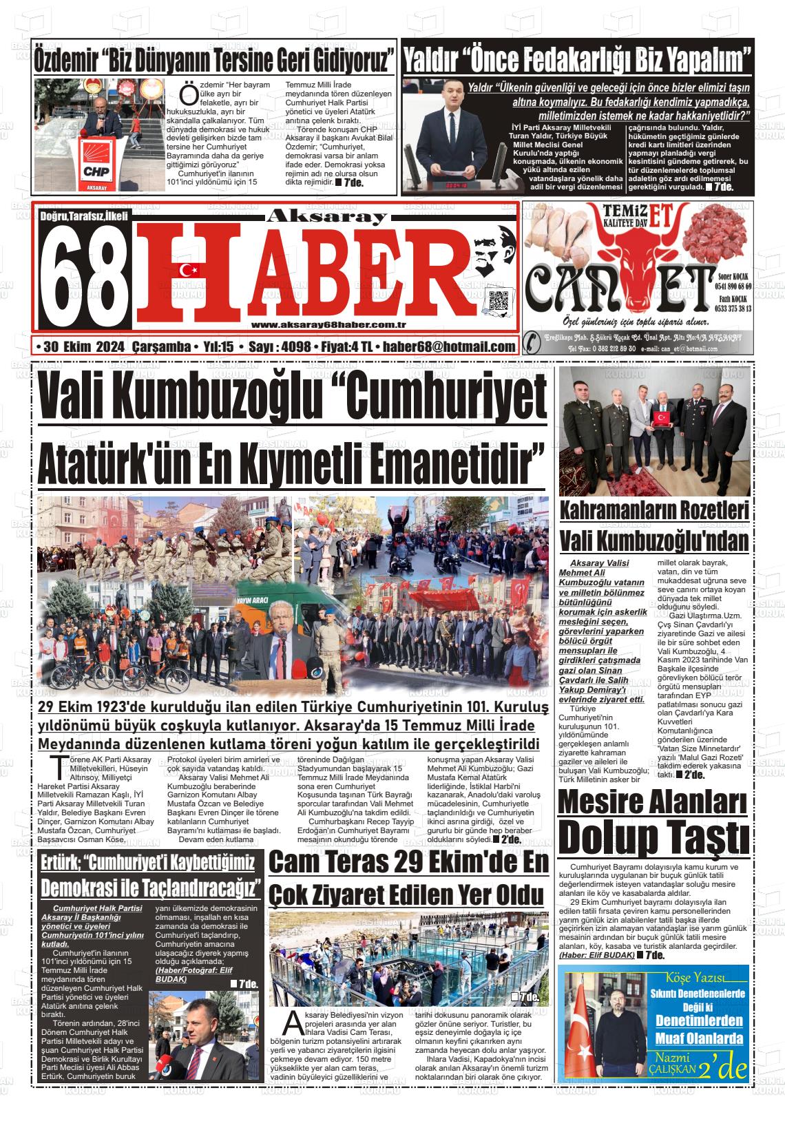 30 Ekim 2024 Aksaray 68 Haber Gazete Manşeti