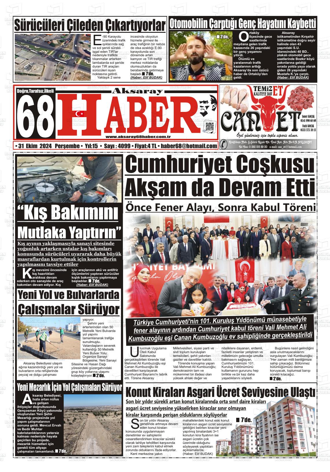 31 Ekim 2024 Aksaray 68 Haber Gazete Manşeti