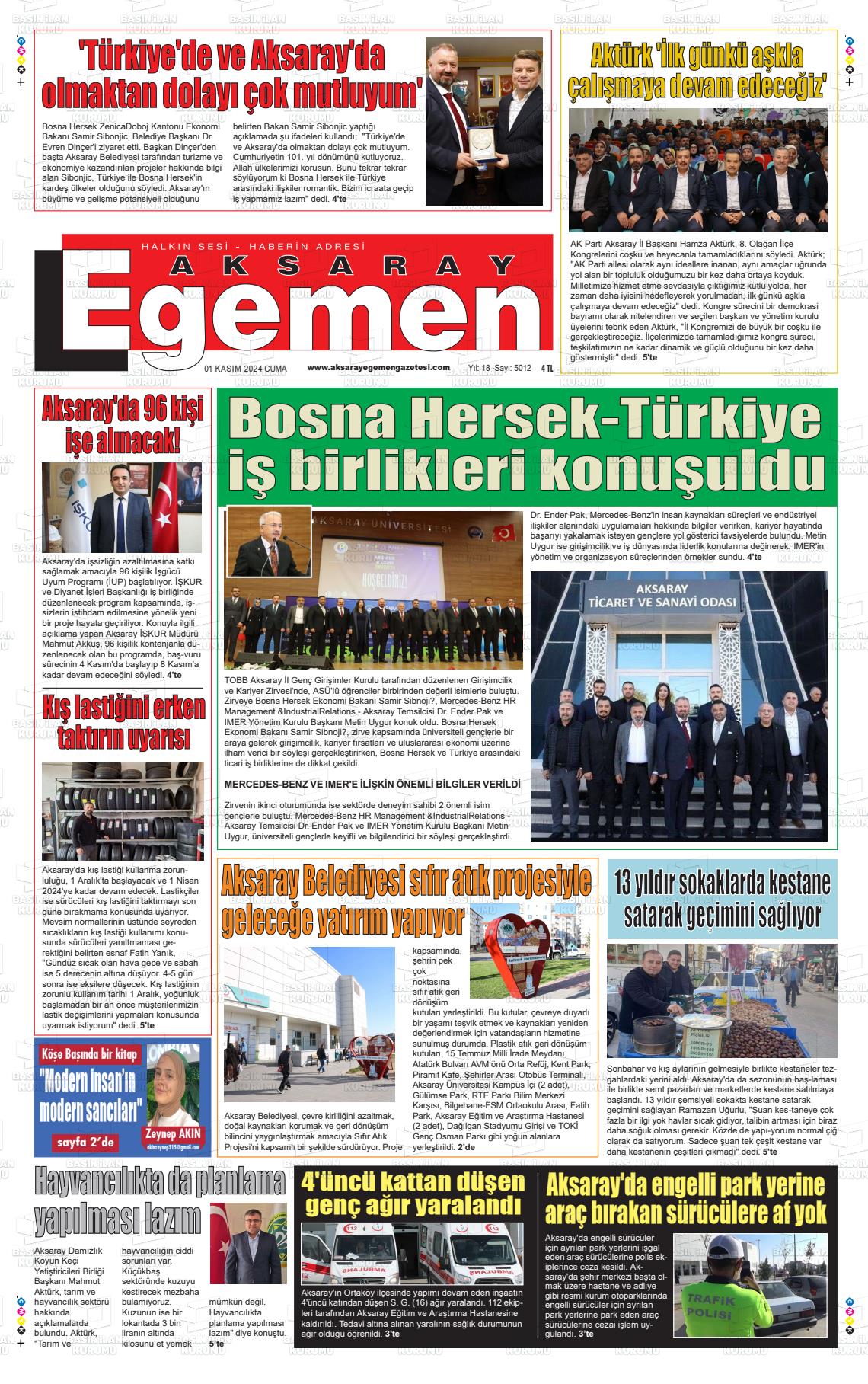 01 Kasım 2024 Aksaray Egemen Gazete Manşeti