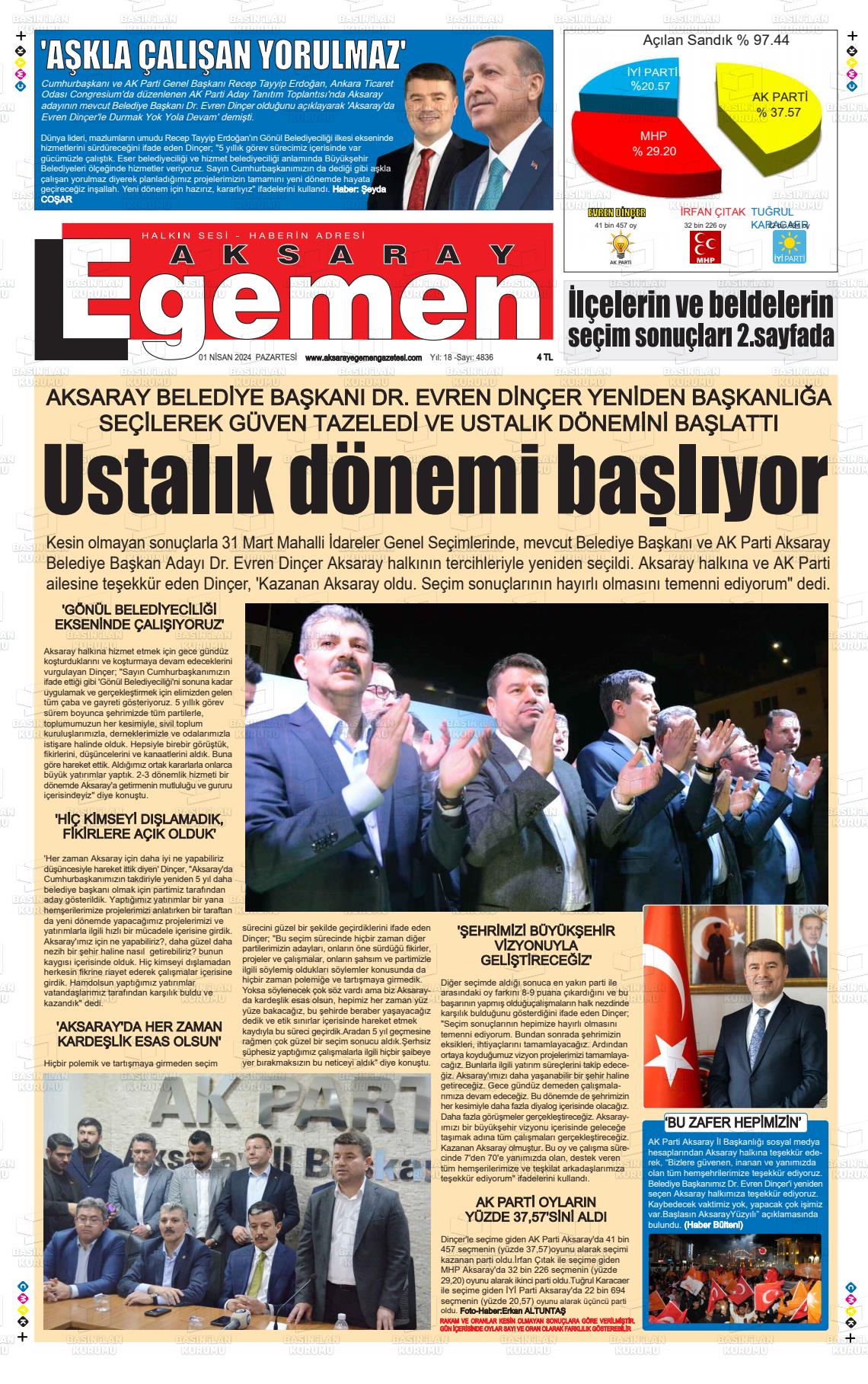 01 Nisan 2024 Aksaray Egemen Gazete Manşeti