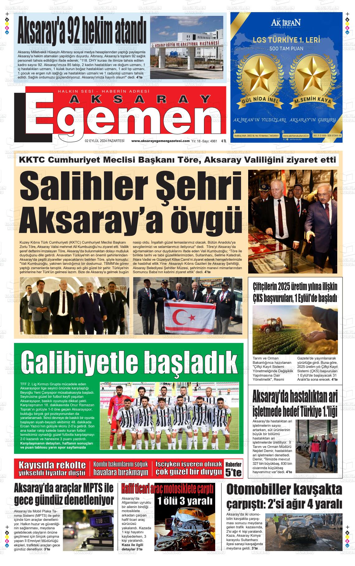 02 Eylül 2024 Aksaray Egemen Gazete Manşeti