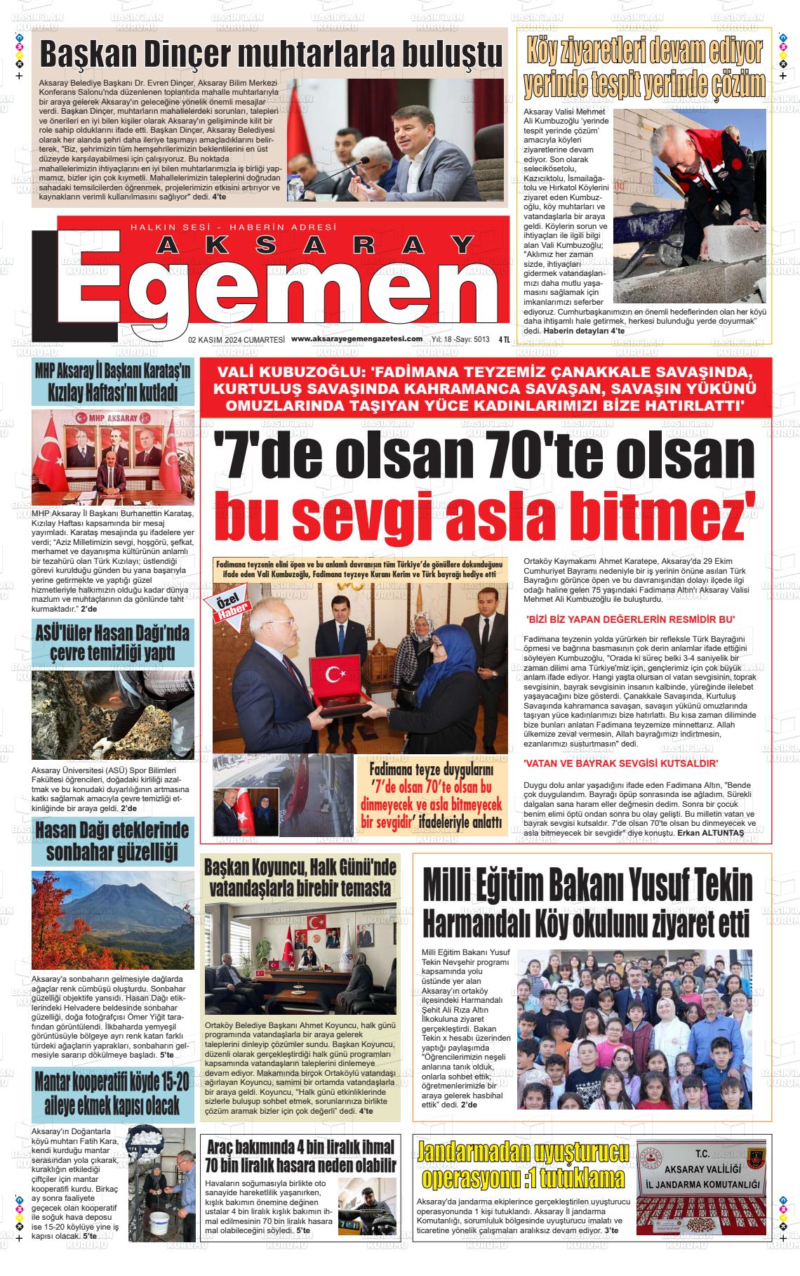 02 Kasım 2024 Aksaray Egemen Gazete Manşeti