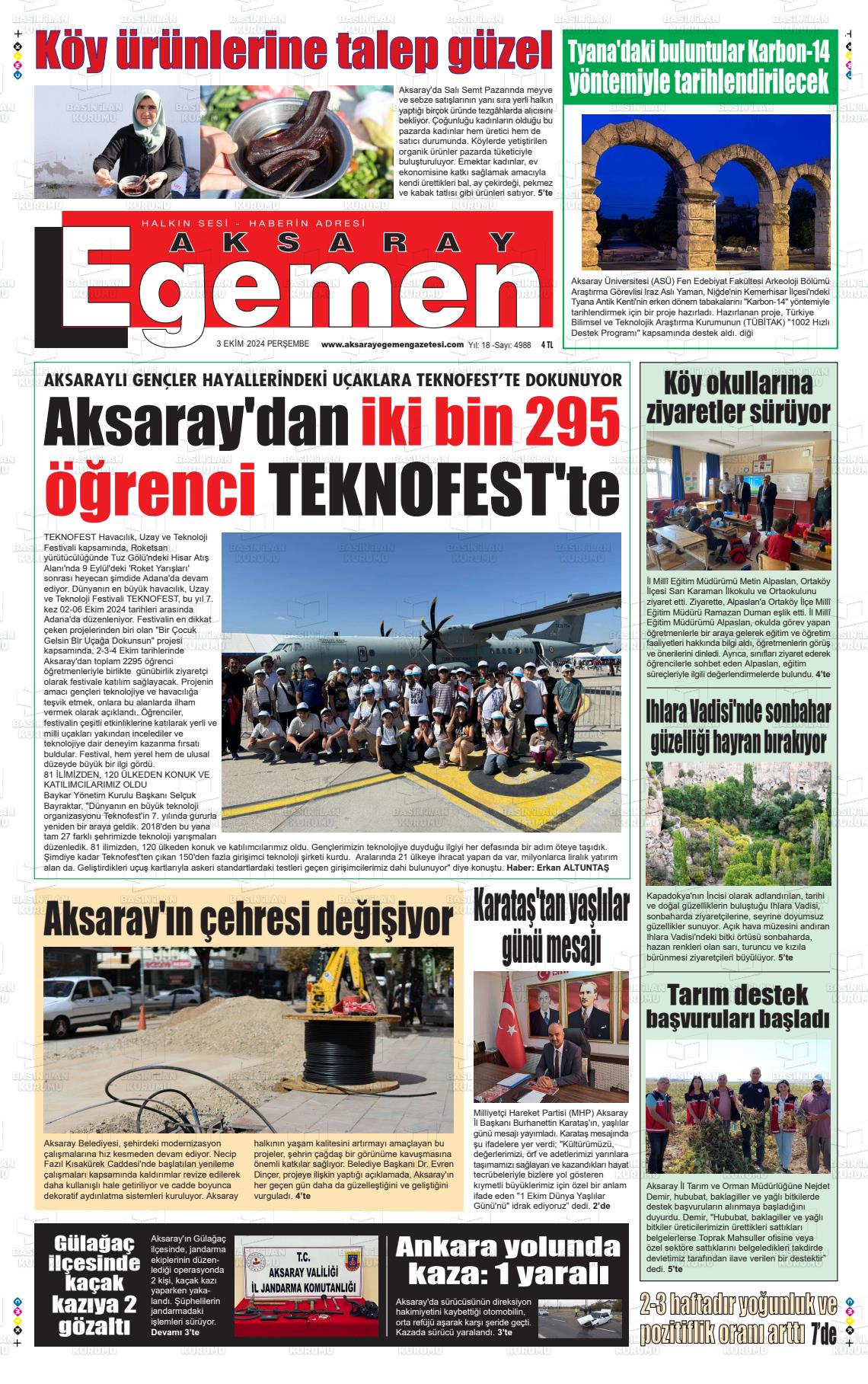 03 Ekim 2024 Aksaray Egemen Gazete Manşeti