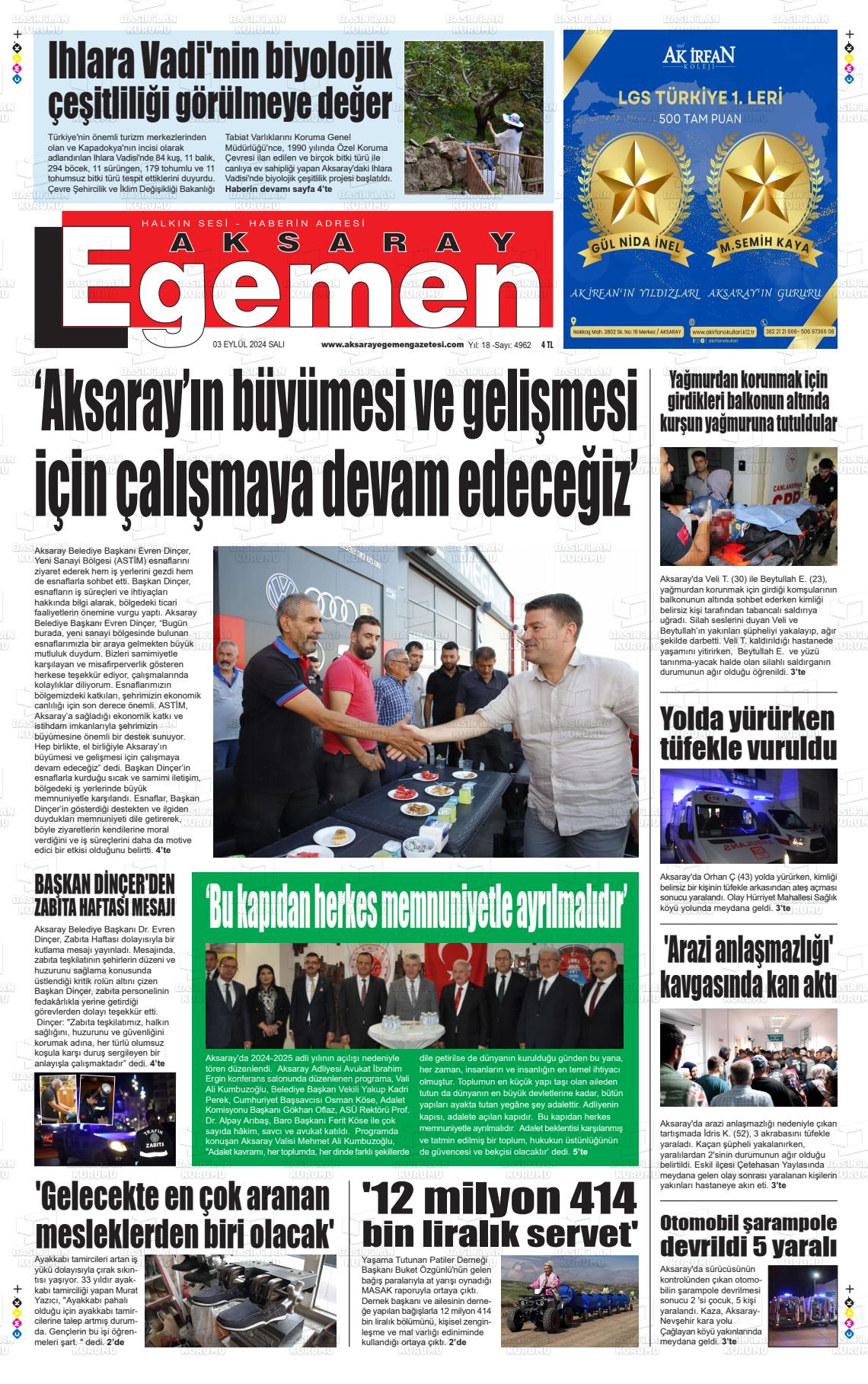 03 Eylül 2024 Aksaray Egemen Gazete Manşeti