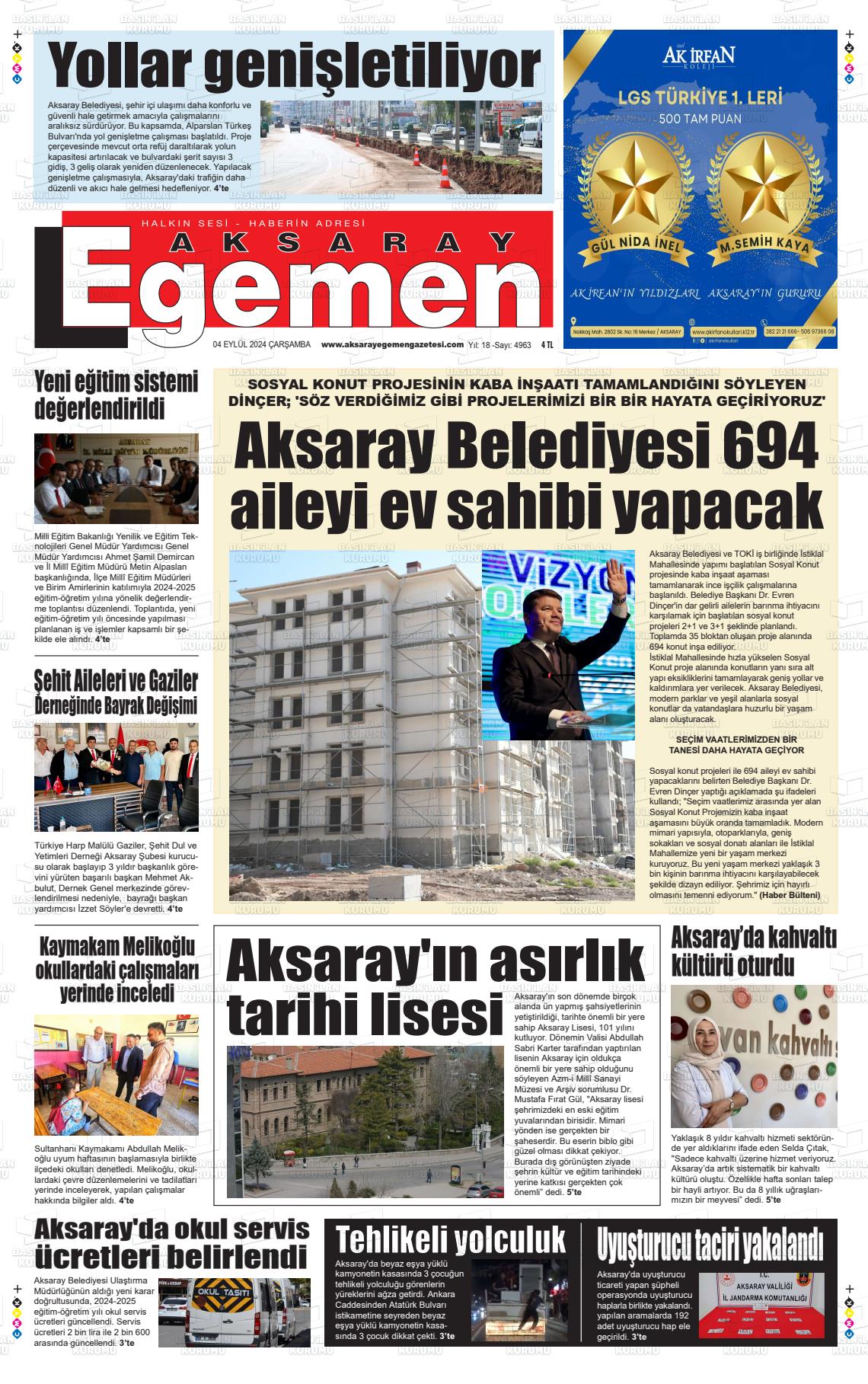 04 Eylül 2024 Aksaray Egemen Gazete Manşeti