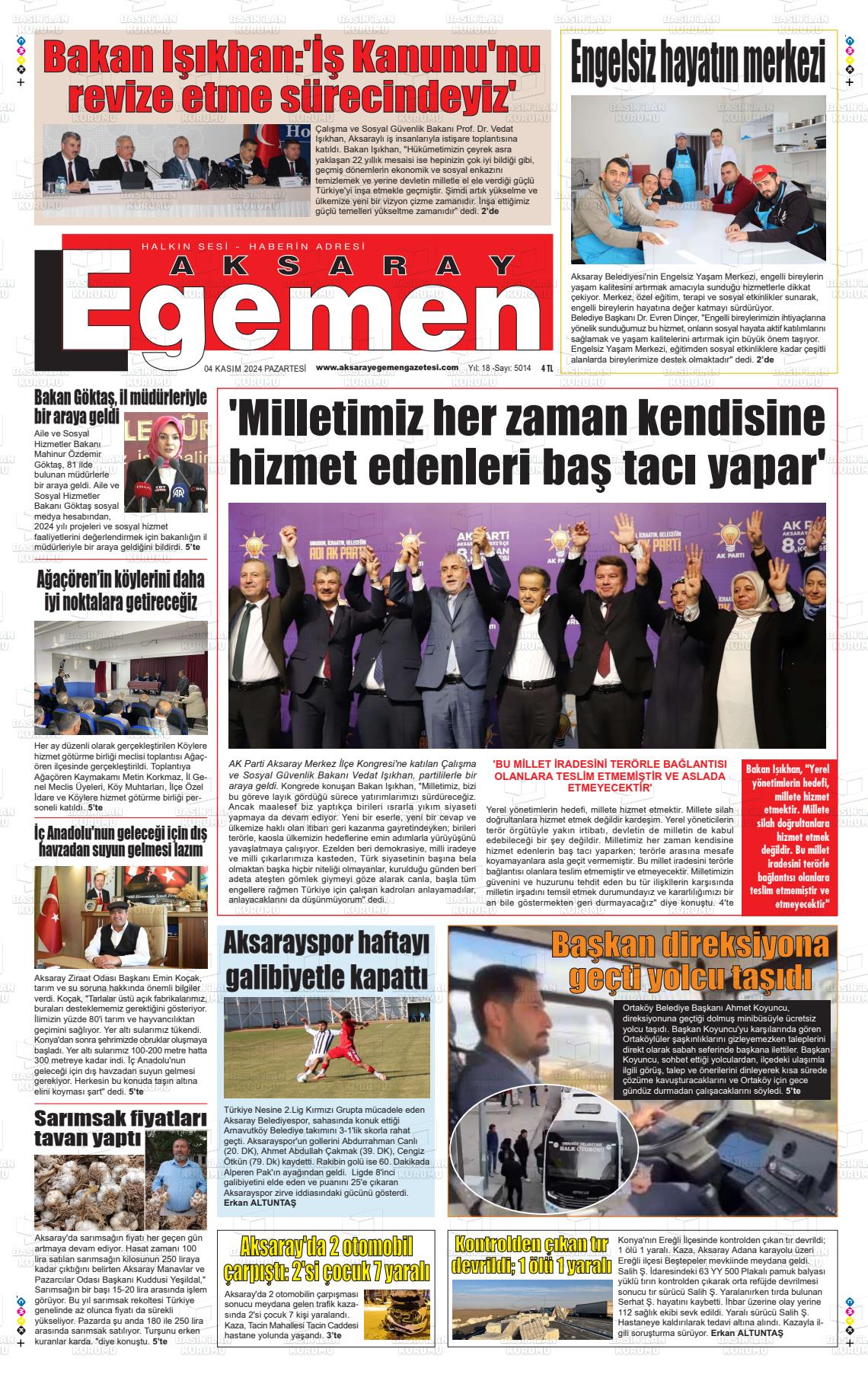 04 Kasım 2024 Aksaray Egemen Gazete Manşeti