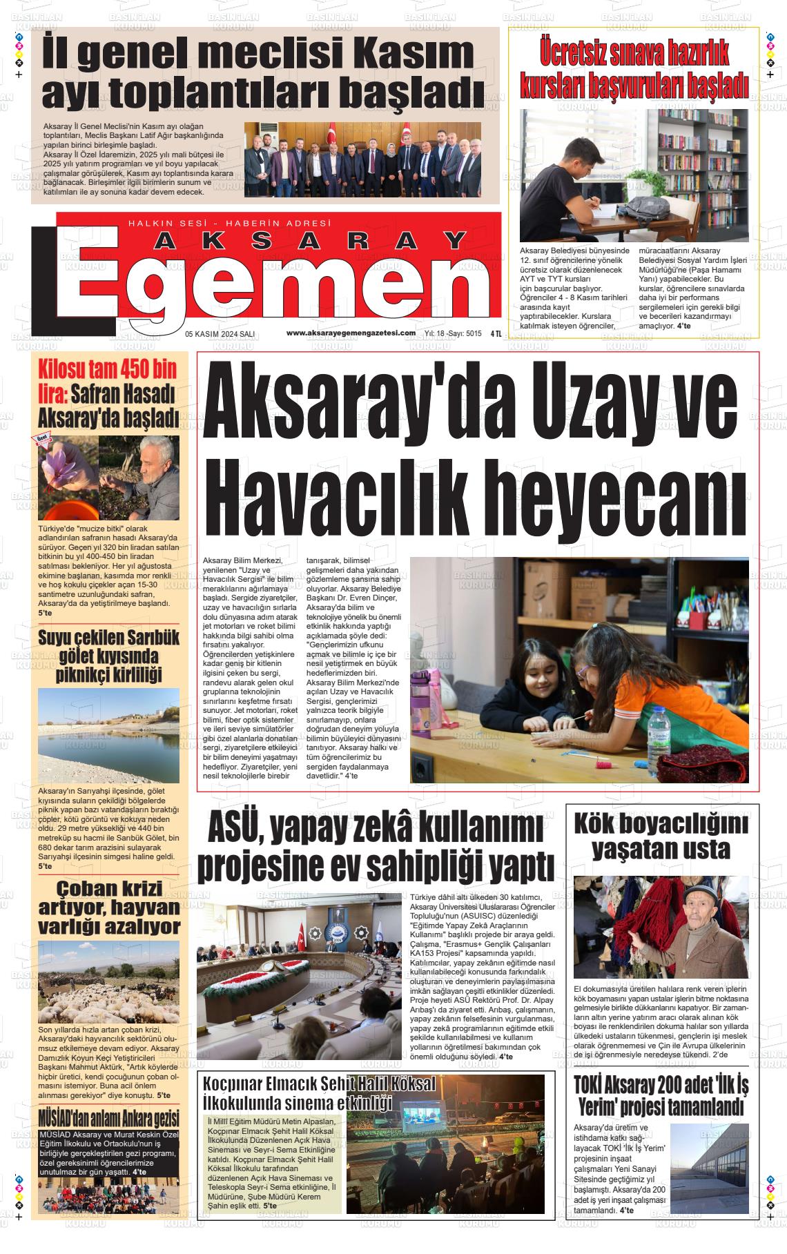 05 Kasım 2024 Aksaray Egemen Gazete Manşeti