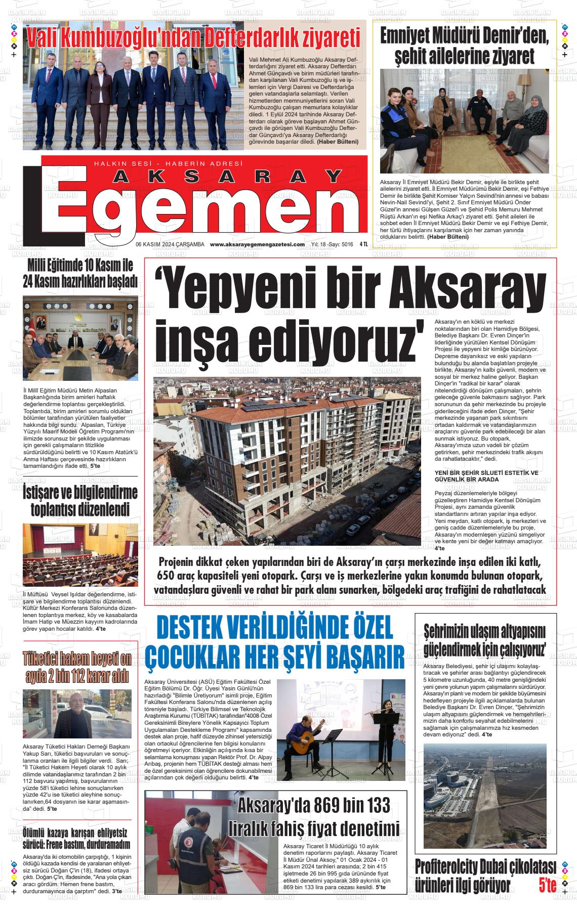 06 Kasım 2024 Aksaray Egemen Gazete Manşeti