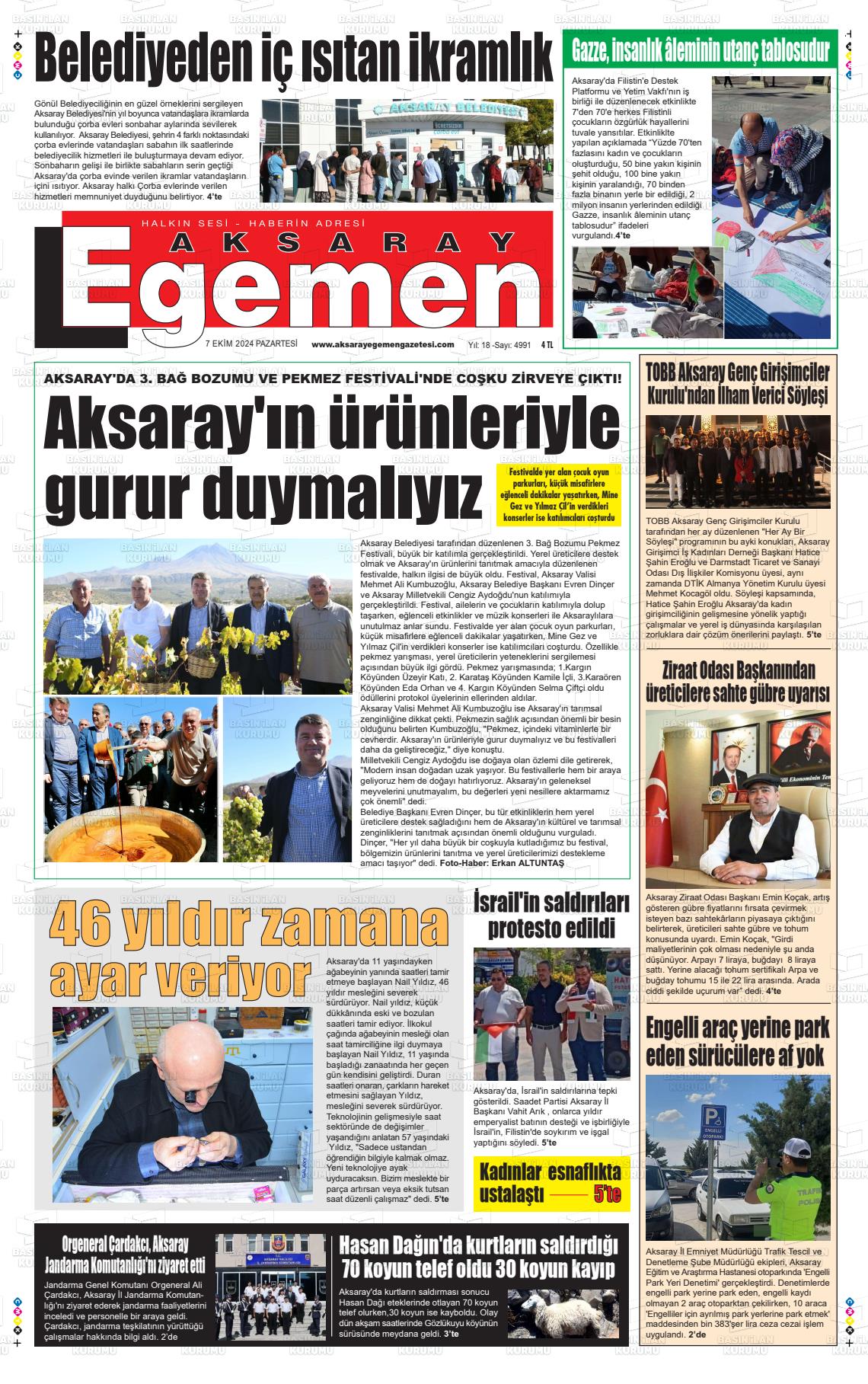 07 Ekim 2024 Aksaray Egemen Gazete Manşeti