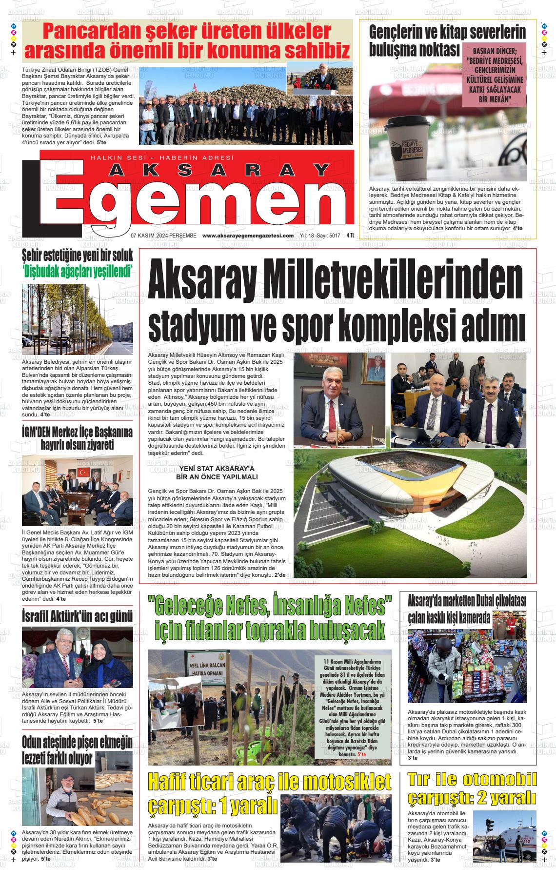 07 Kasım 2024 Aksaray Egemen Gazete Manşeti