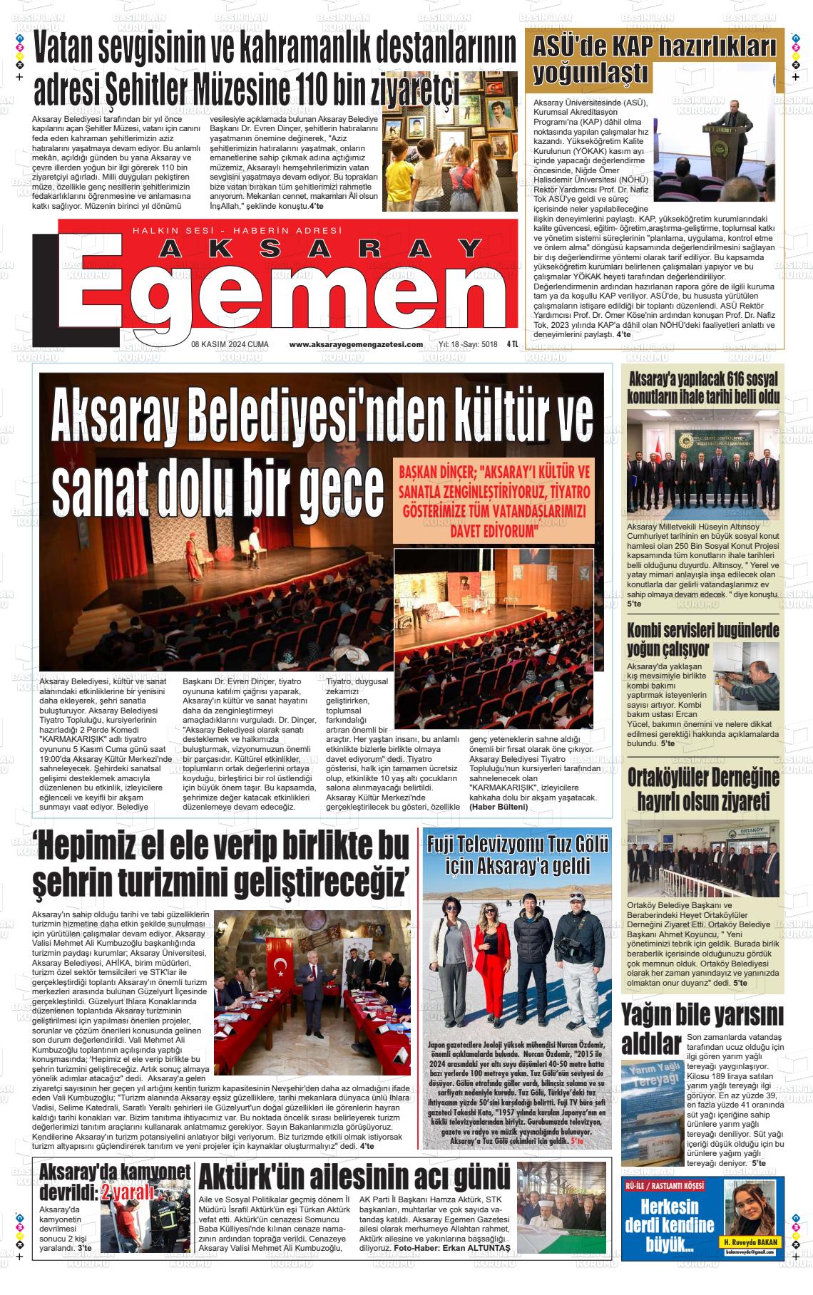 08 Kasım 2024 Aksaray Egemen Gazete Manşeti