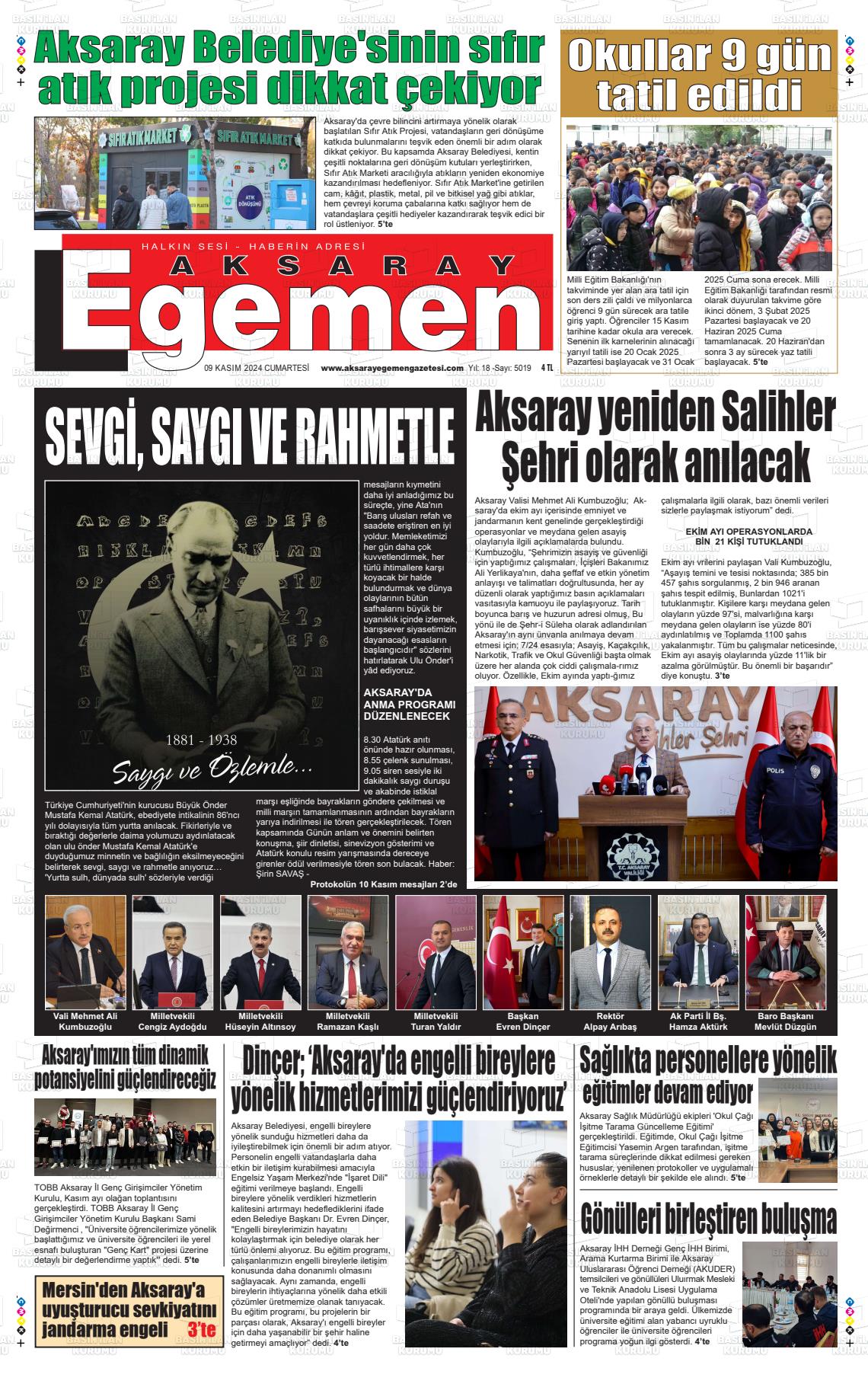 09 Kasım 2024 Aksaray Egemen Gazete Manşeti