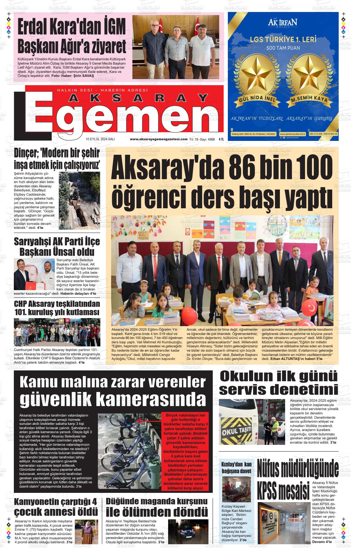 10 Eylül 2024 Aksaray Egemen Gazete Manşeti