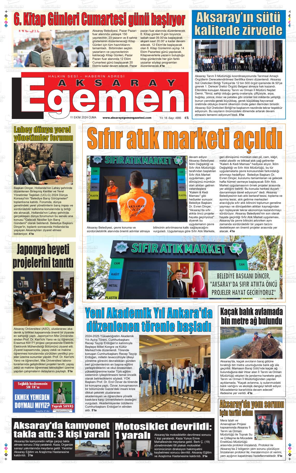 11 Ekim 2024 Aksaray Egemen Gazete Manşeti