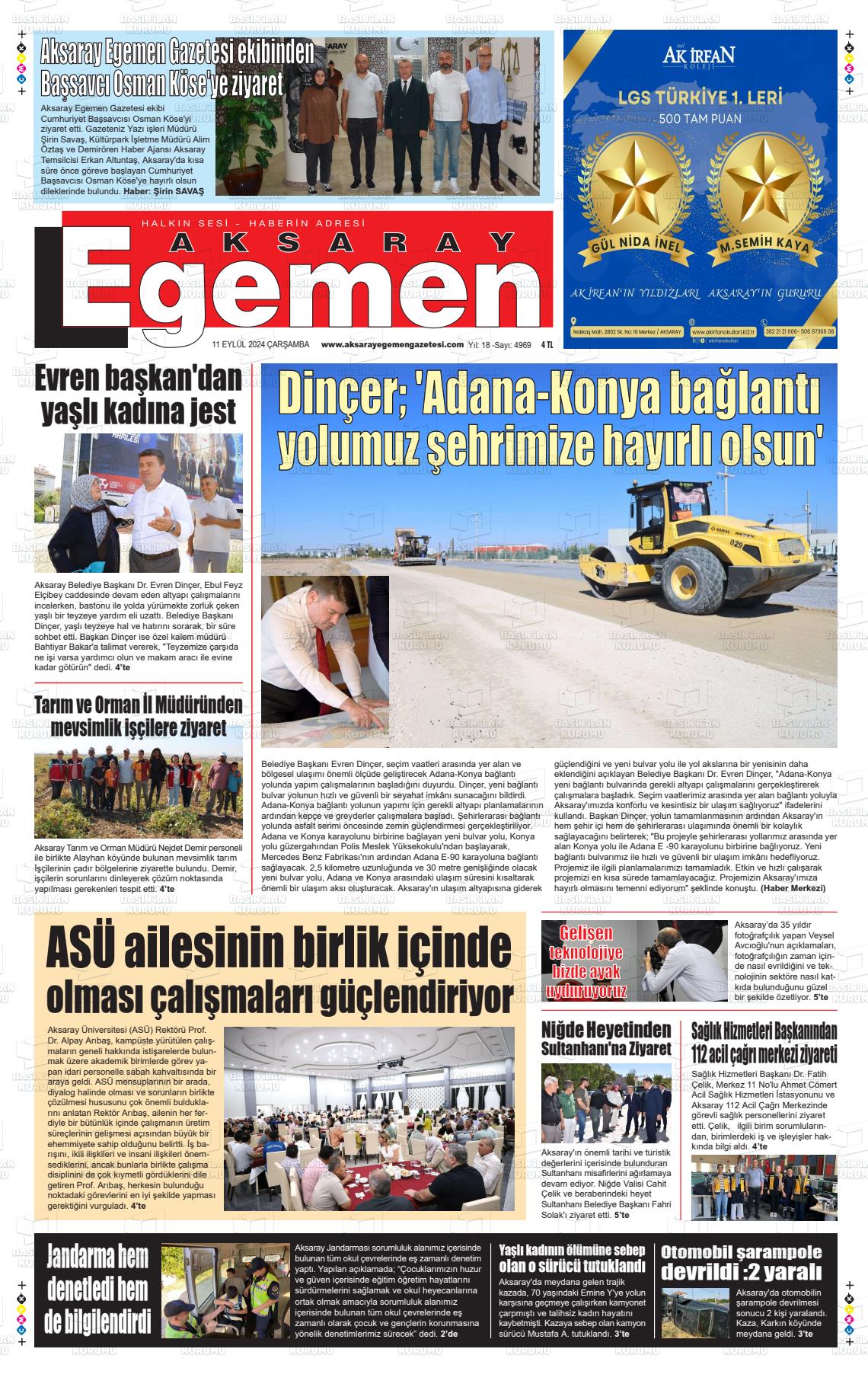 11 Eylül 2024 Aksaray Egemen Gazete Manşeti