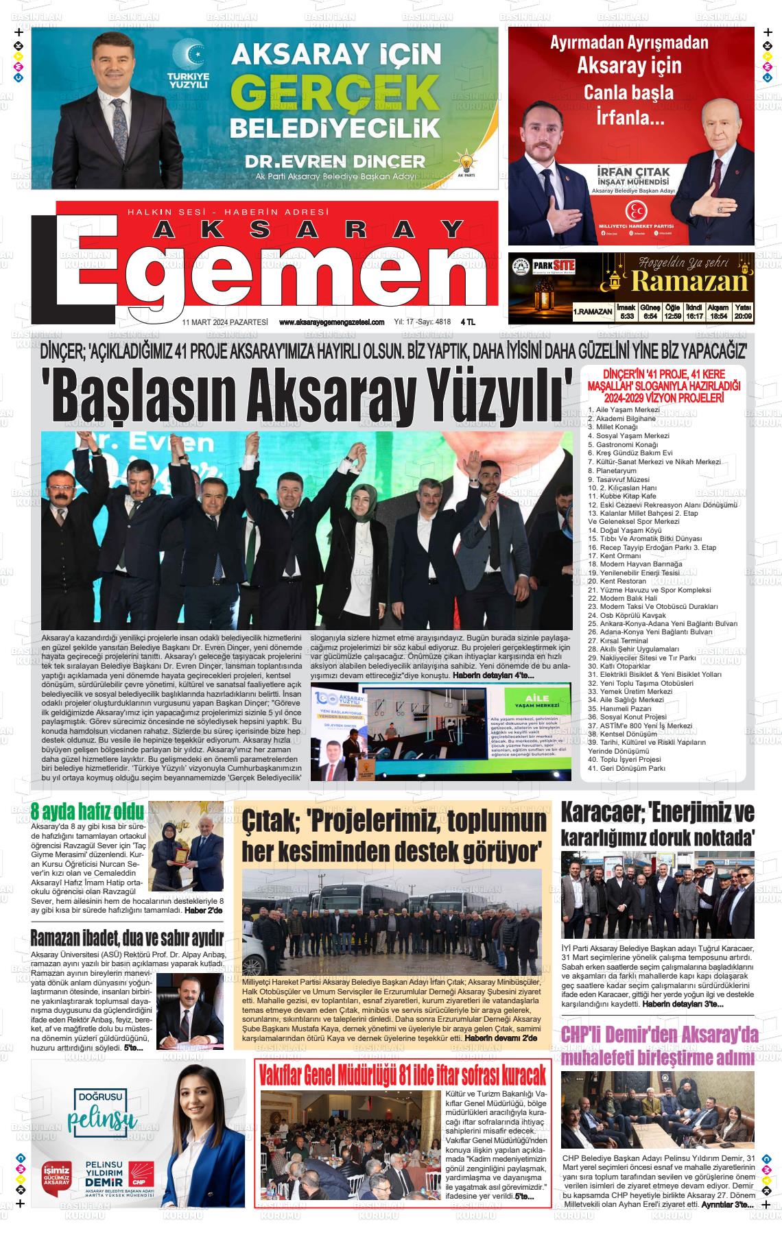 11 Mart 2024 Aksaray Egemen Gazete Manşeti