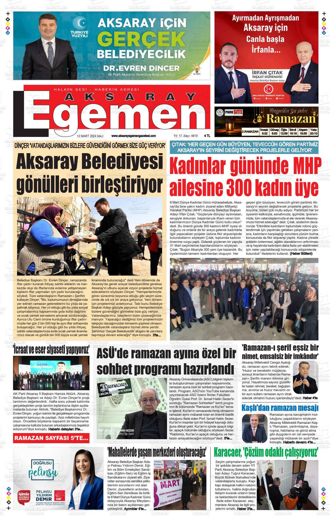 12 Mart 2024 Aksaray Egemen Gazete Manşeti