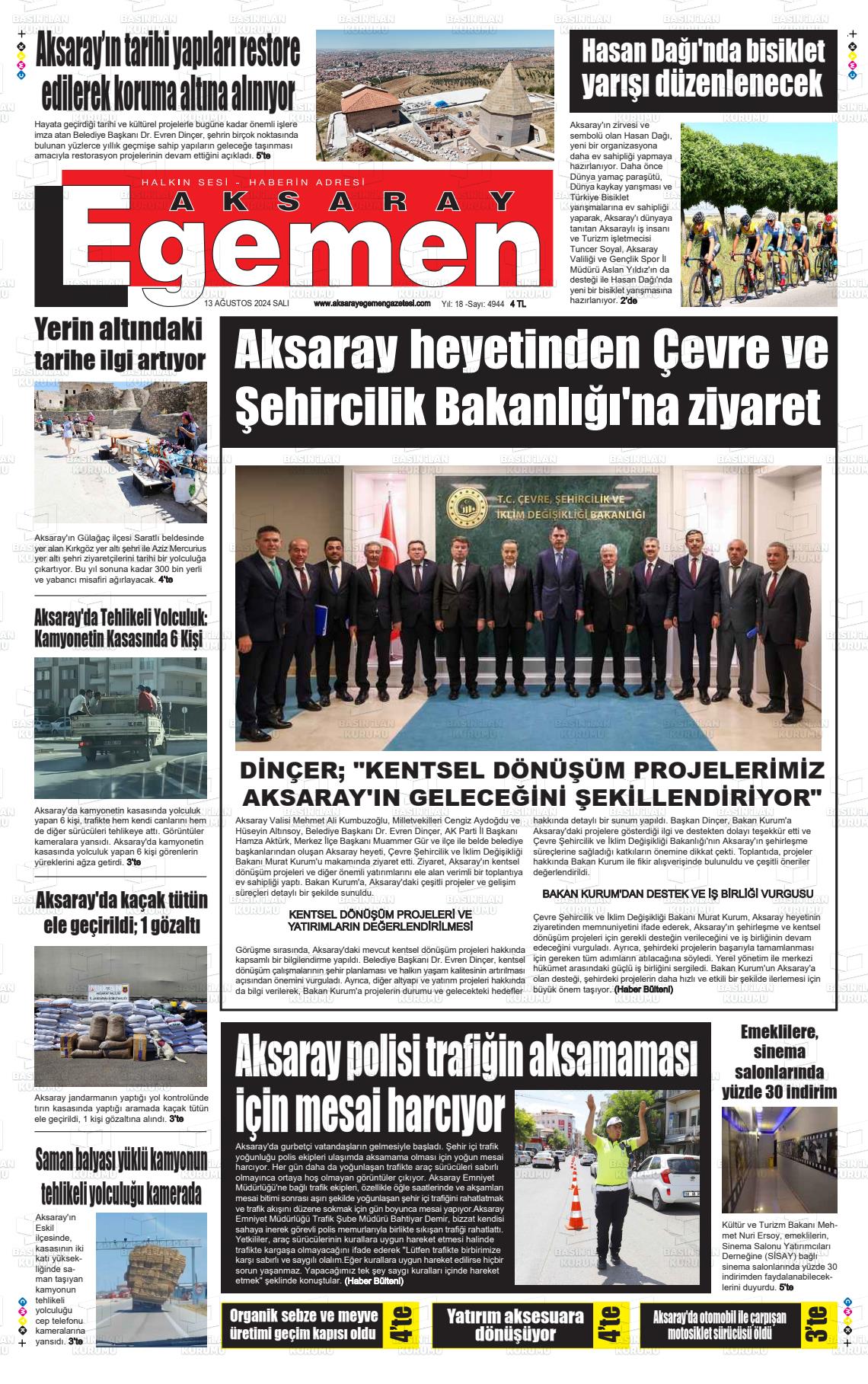 13 Ağustos 2024 Aksaray Egemen Gazete Manşeti