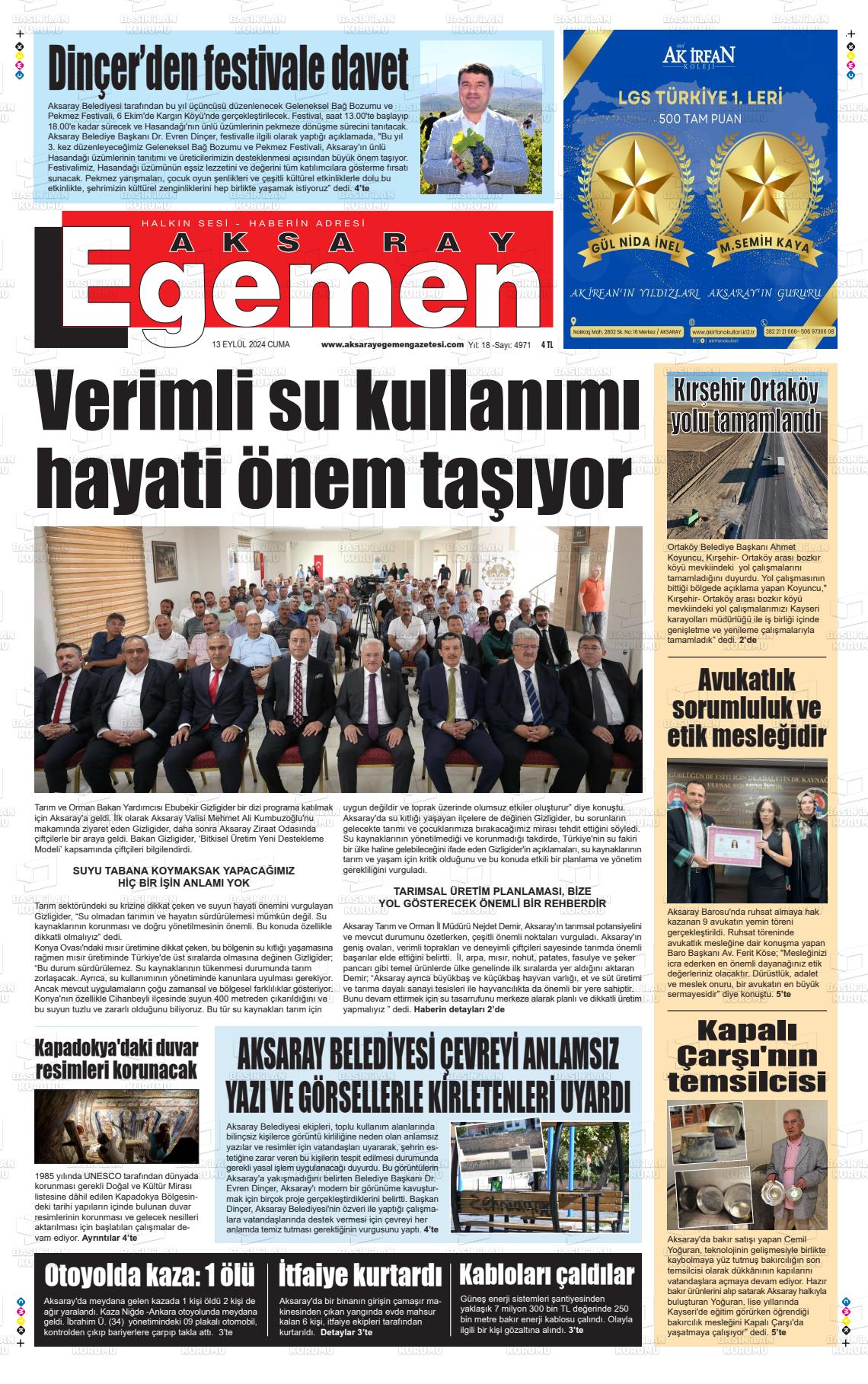 13 Eylül 2024 Aksaray Egemen Gazete Manşeti