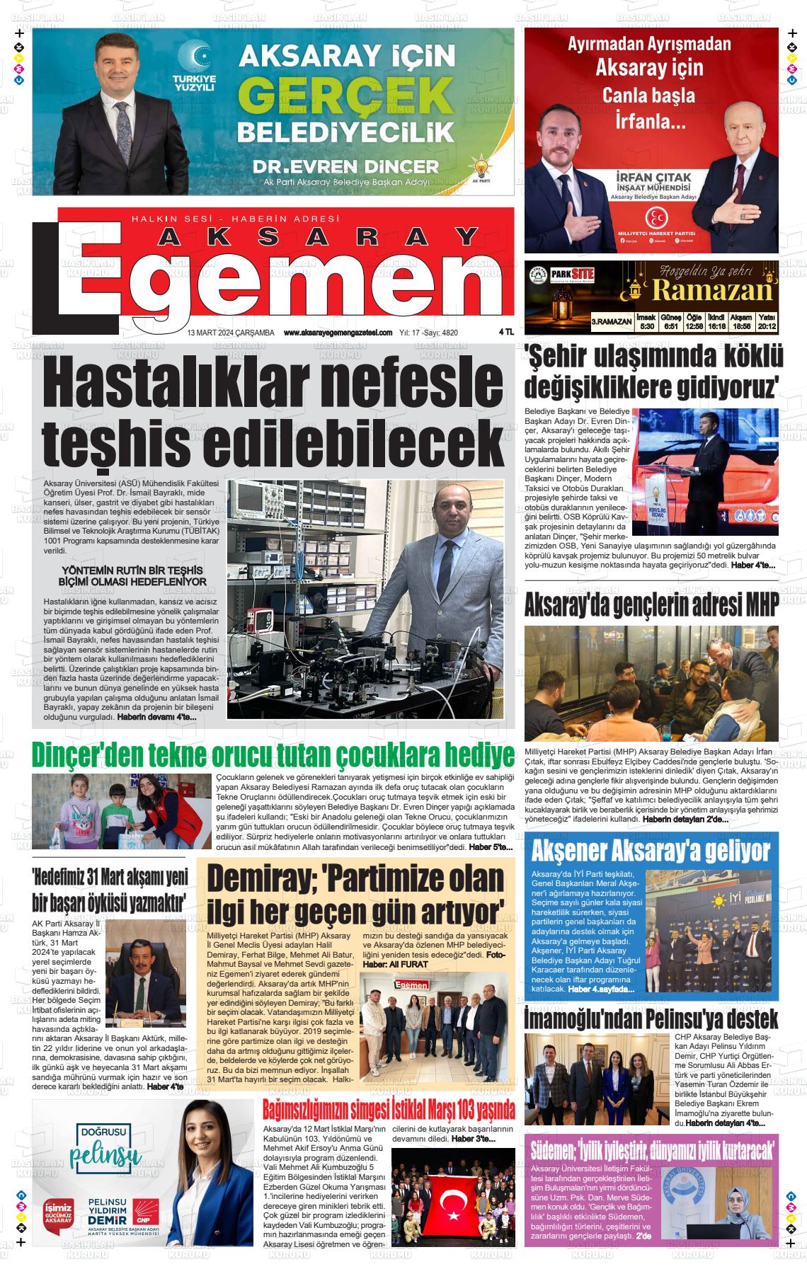 13 Mart 2024 Aksaray Egemen Gazete Manşeti