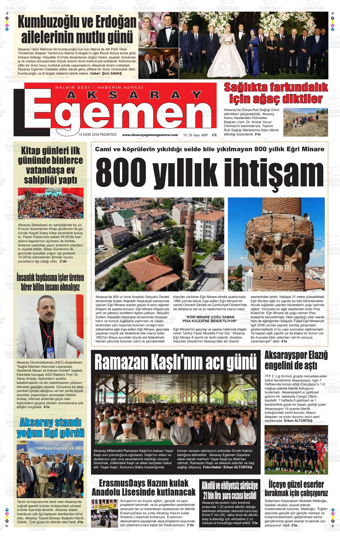 14 Ekim 2024 Aksaray Egemen Gazete Manşeti