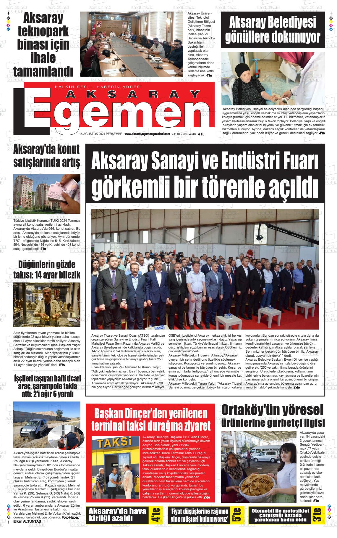 15 Ağustos 2024 Aksaray Egemen Gazete Manşeti