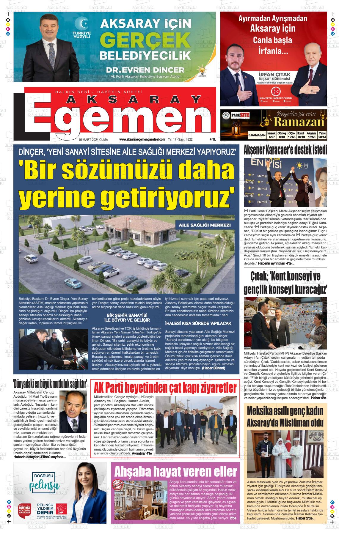 15 Mart 2024 Aksaray Egemen Gazete Manşeti