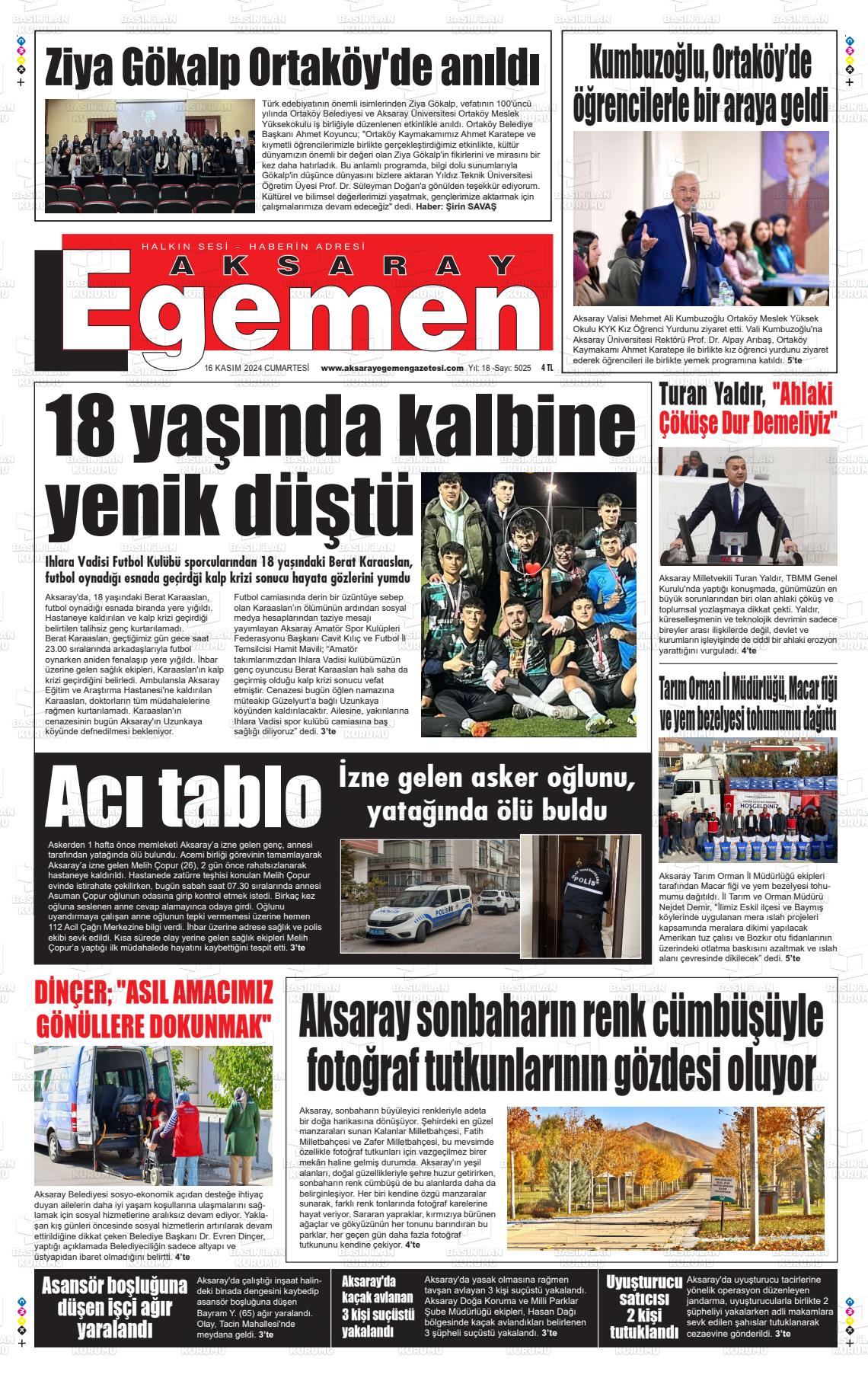 16 Kasım 2024 Aksaray Egemen Gazete Manşeti