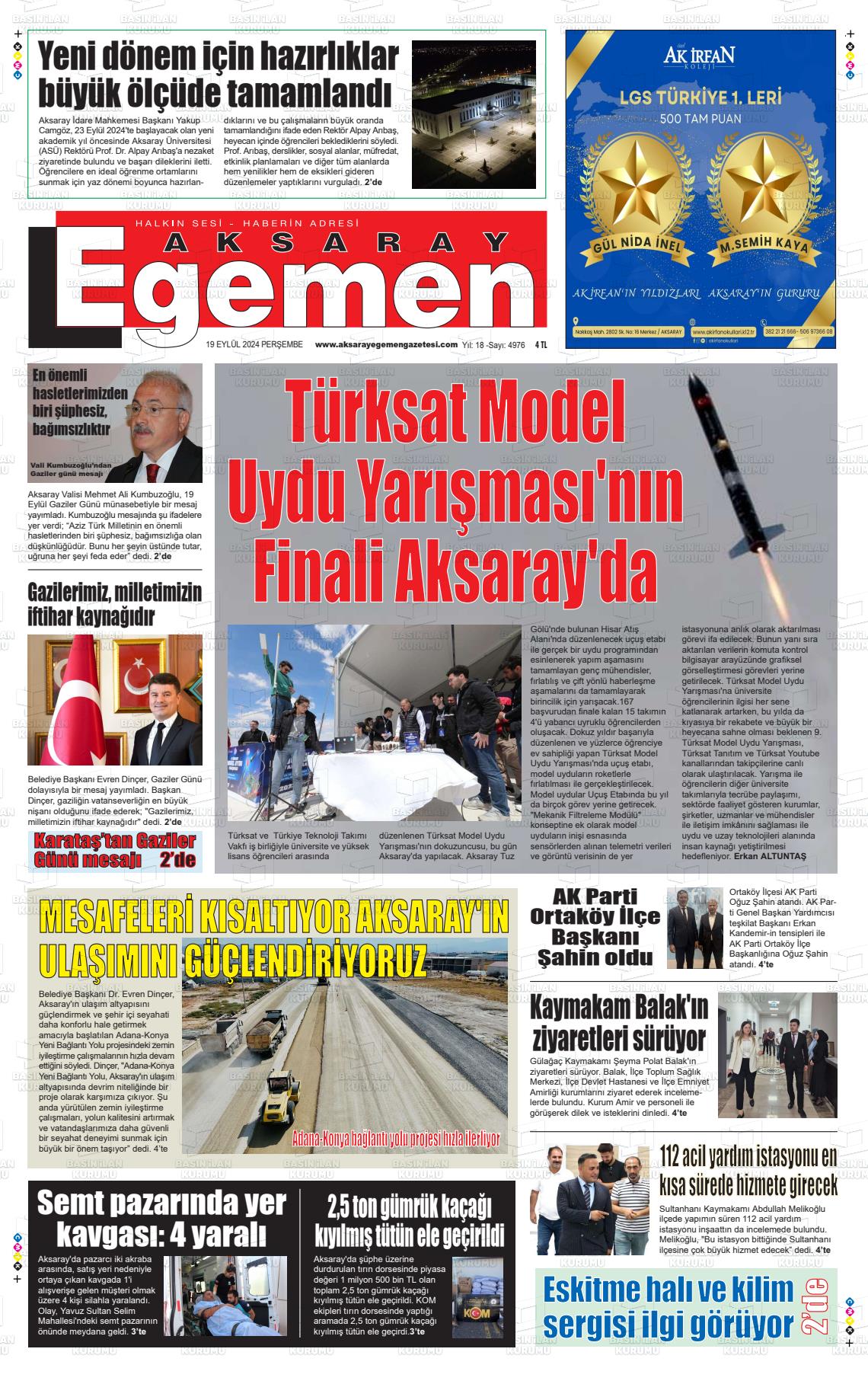 19 Eylül 2024 Aksaray Egemen Gazete Manşeti