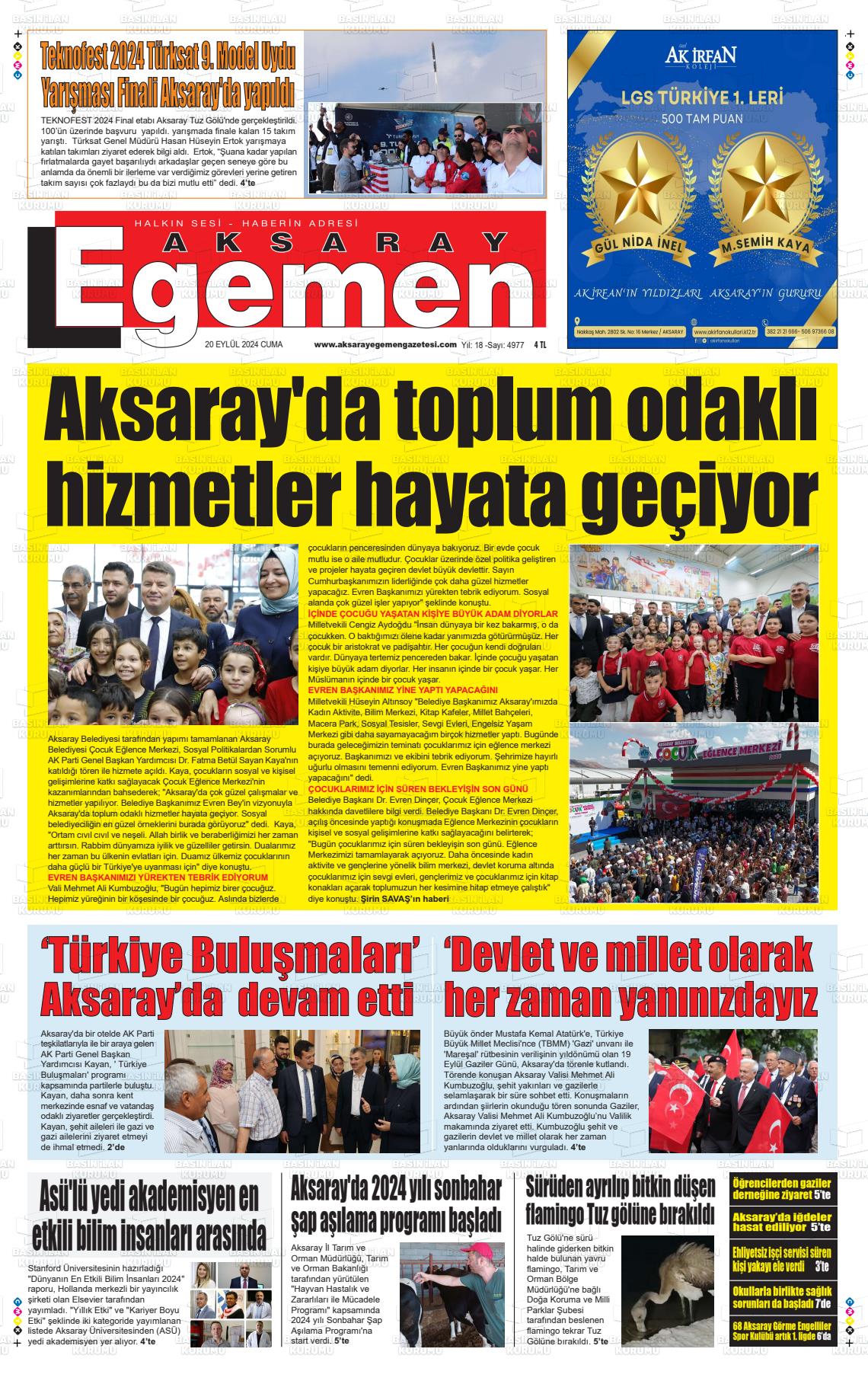 20 Eylül 2024 Aksaray Egemen Gazete Manşeti