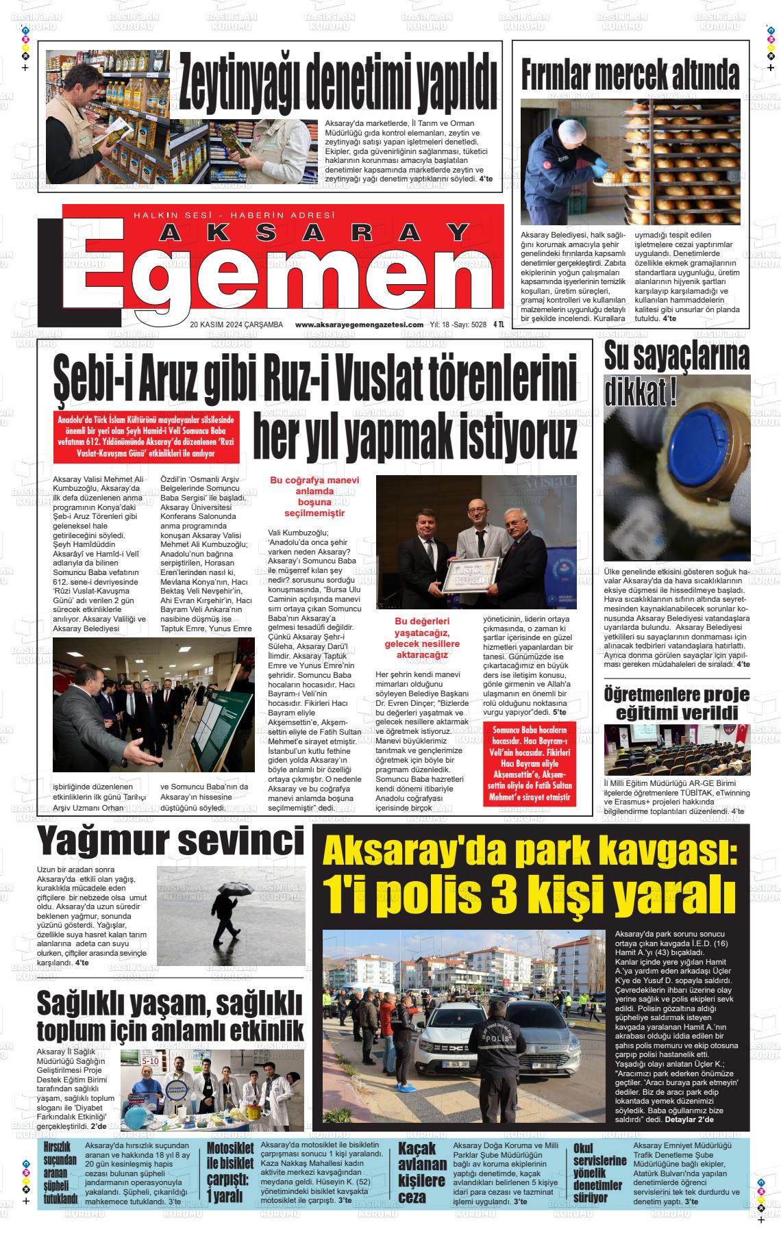 20 Kasım 2024 Aksaray Egemen Gazete Manşeti